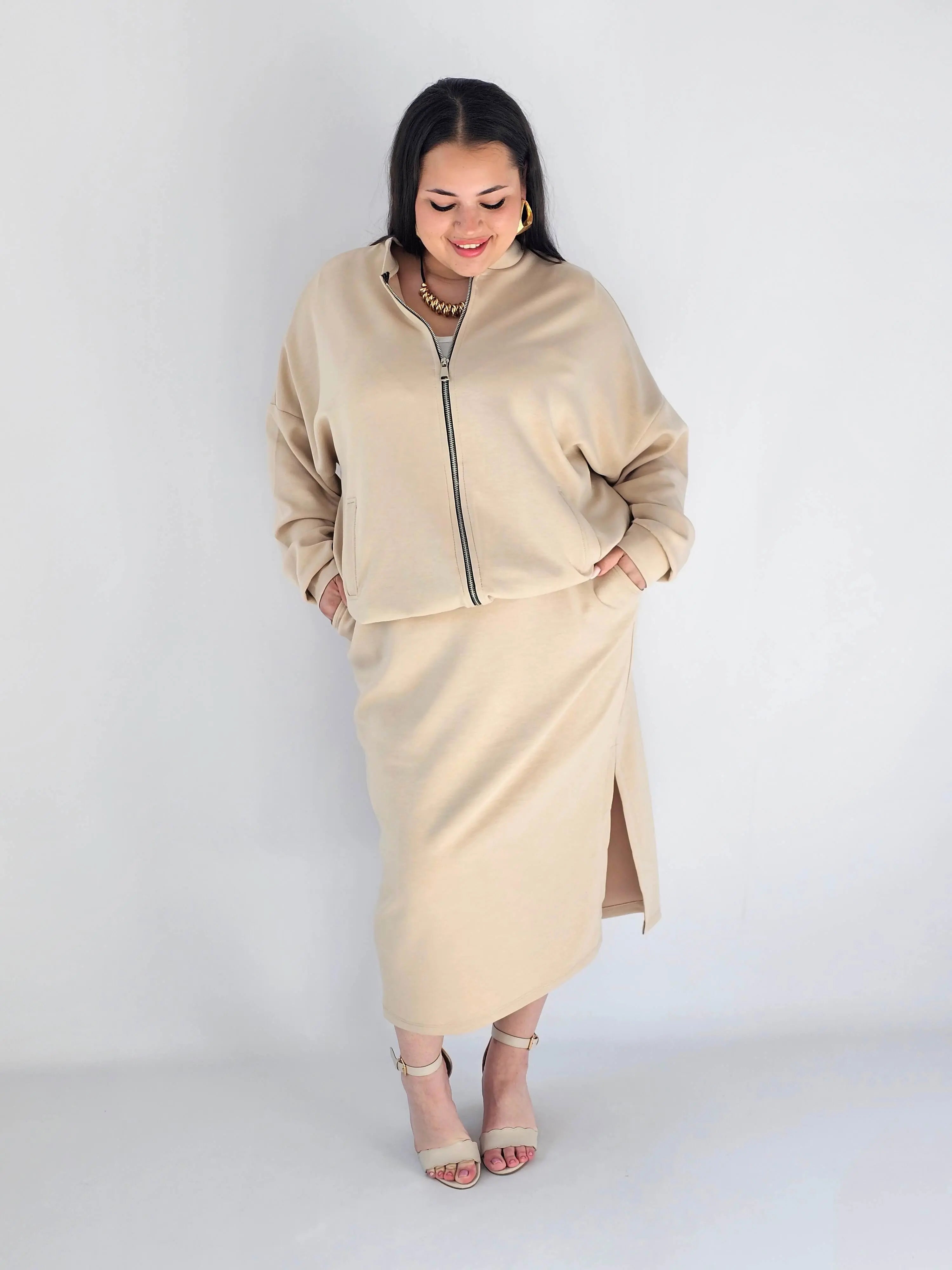 Komplet plus size – bluza na zamek i spódnica midi XXL Stylowa XL