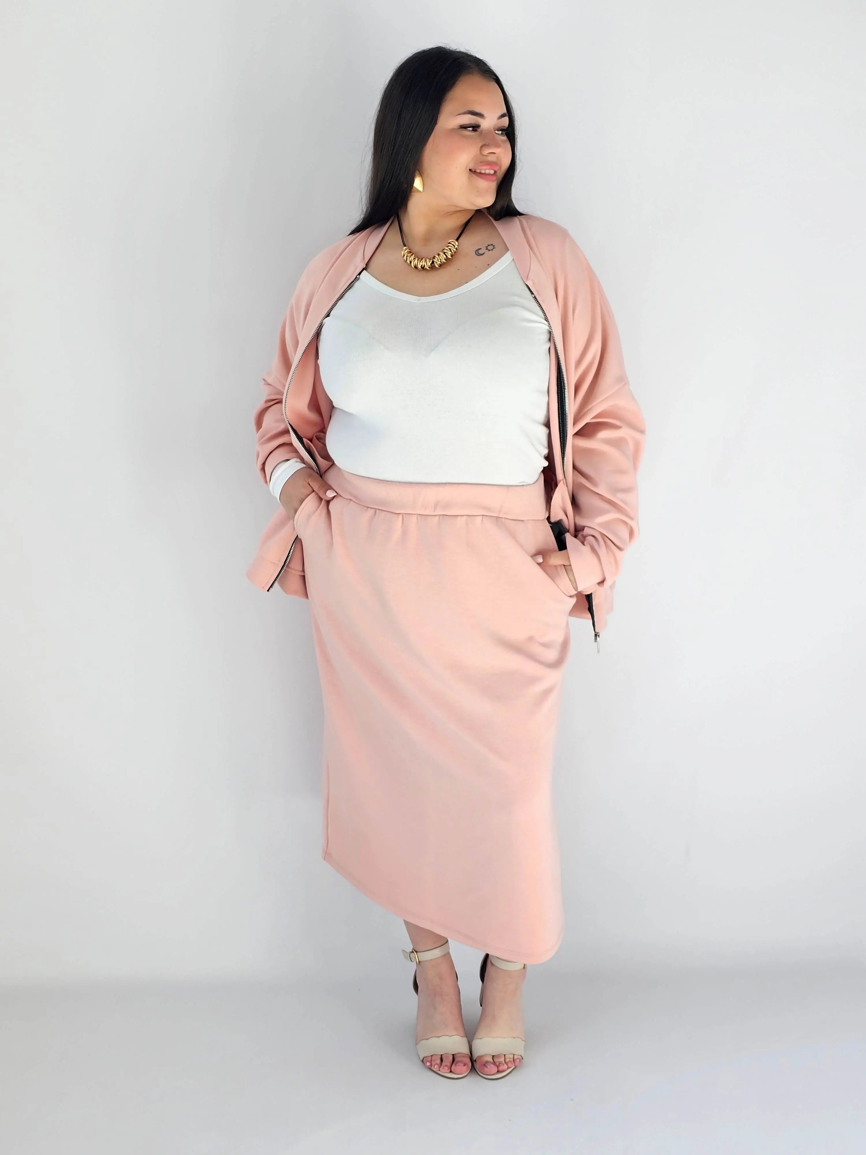 Komplet plus size – bluza na zamek i spódnica midi XXL Stylowa XL