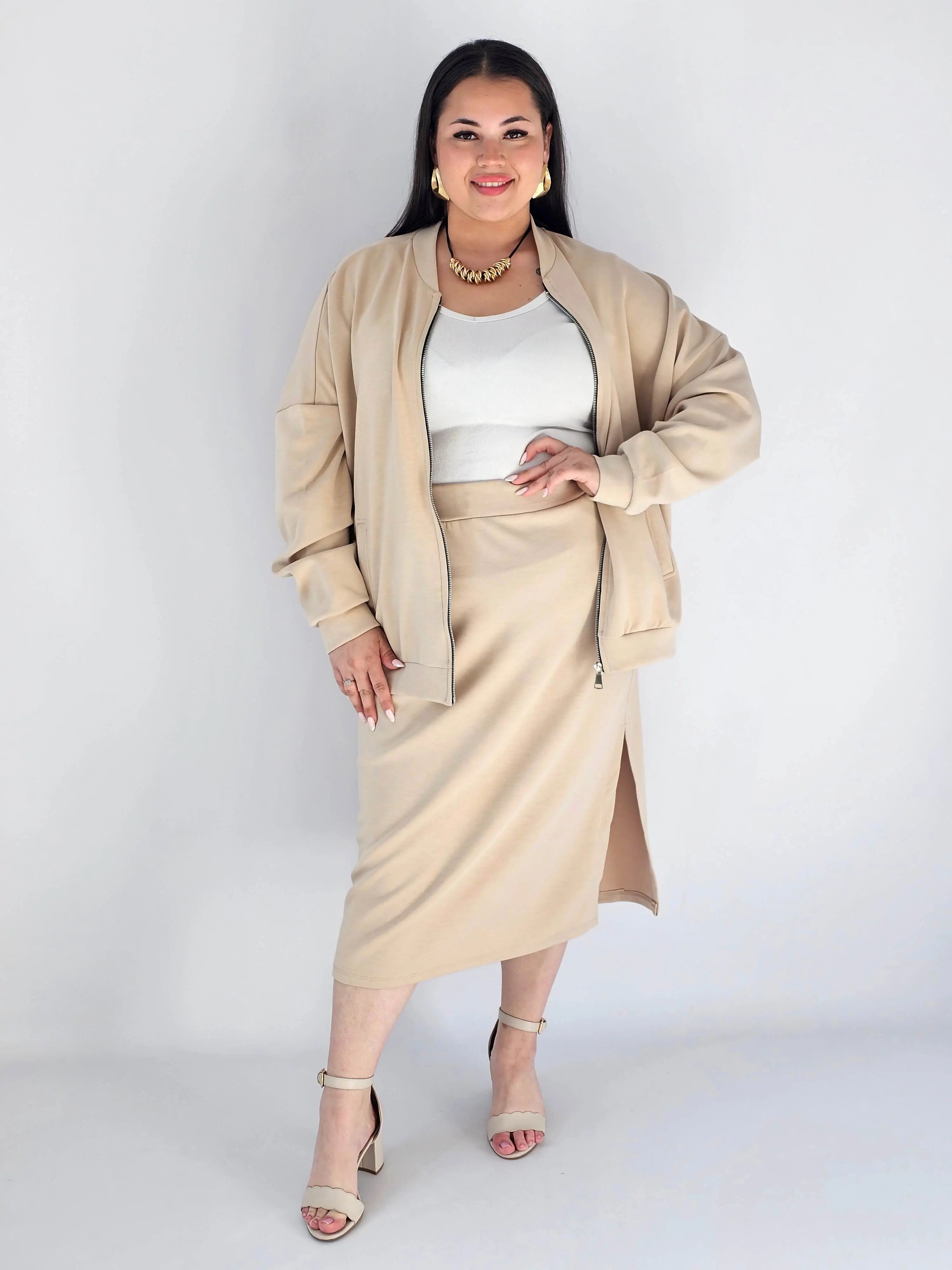 Komplet plus size – bluza na zamek i spódnica midi XXL Stylowa XL