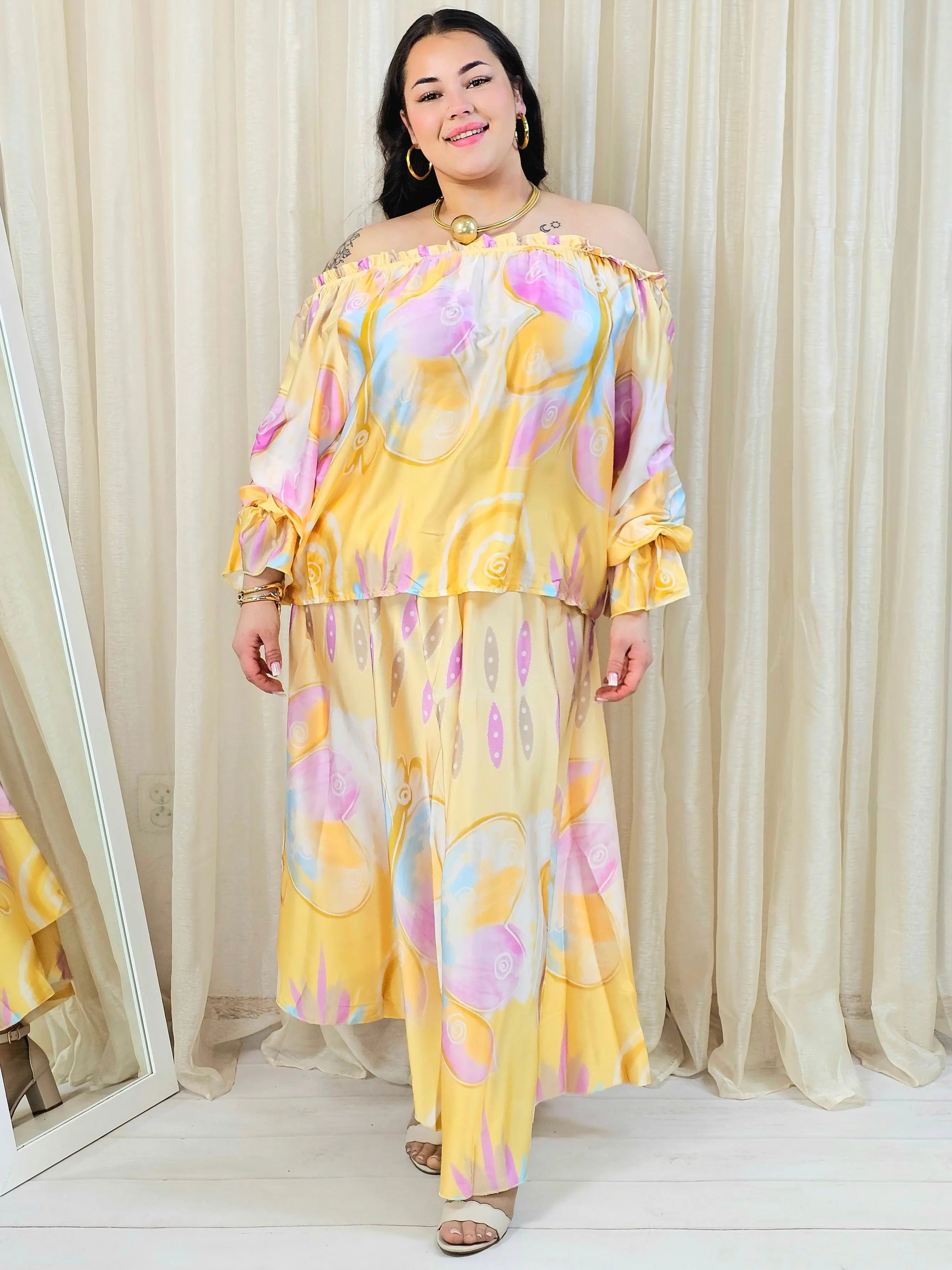 Komplet plus size z hiszpańską bluzką i szerokimi spodniami Stylowa XL