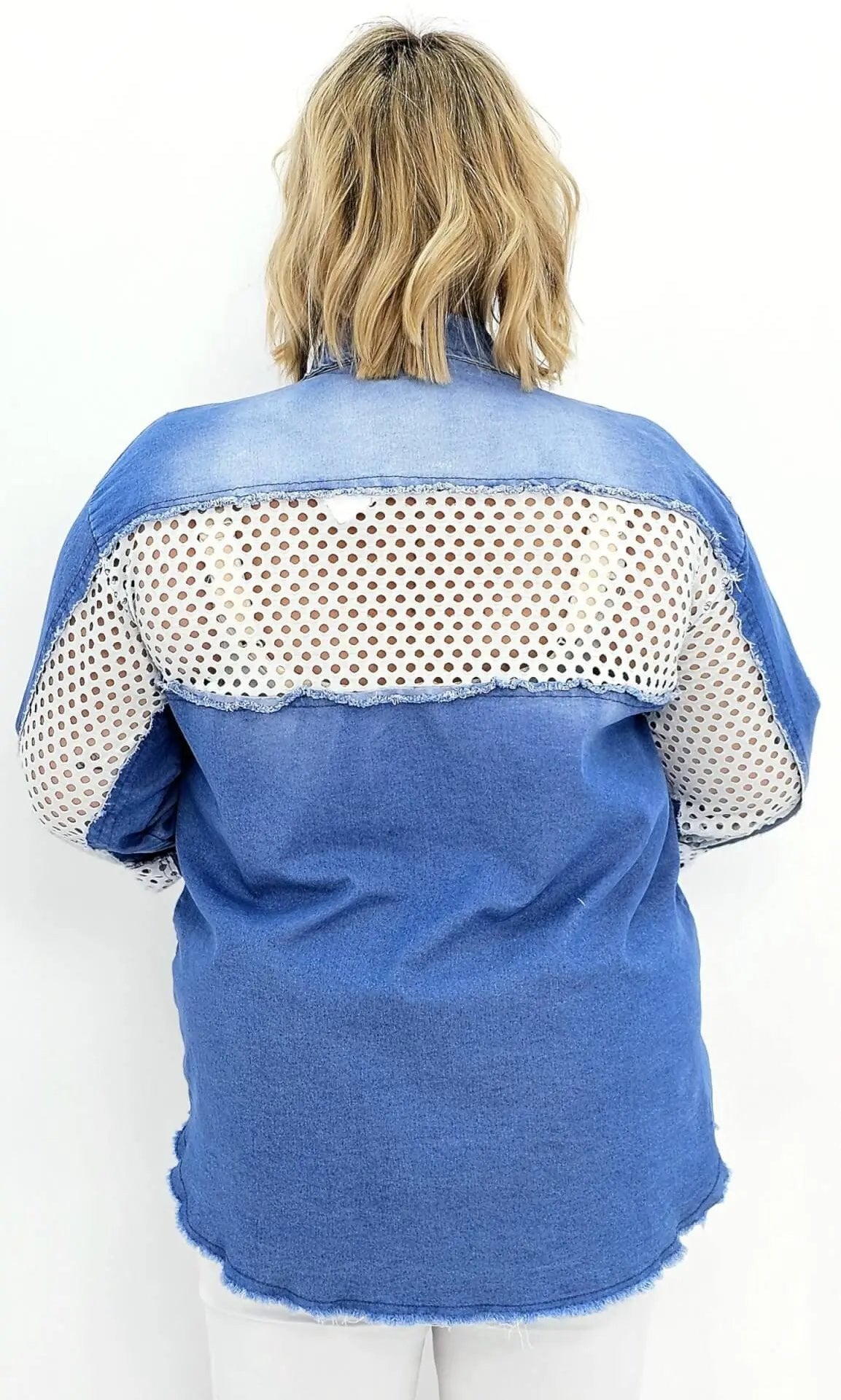 Koszula jeansowa z ażurową siateczką- odcień ciemny Stylowa XL