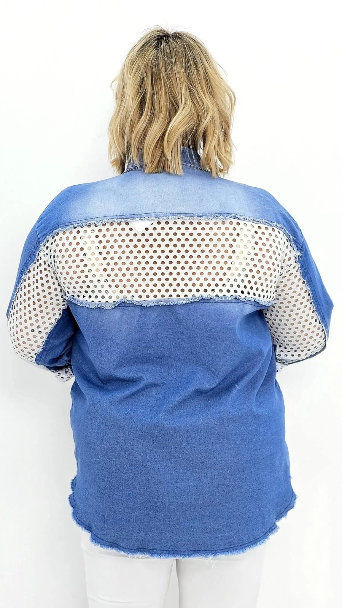 Koszula jeansowa z ażurową siateczką- odcień ciemny Stylowa XL