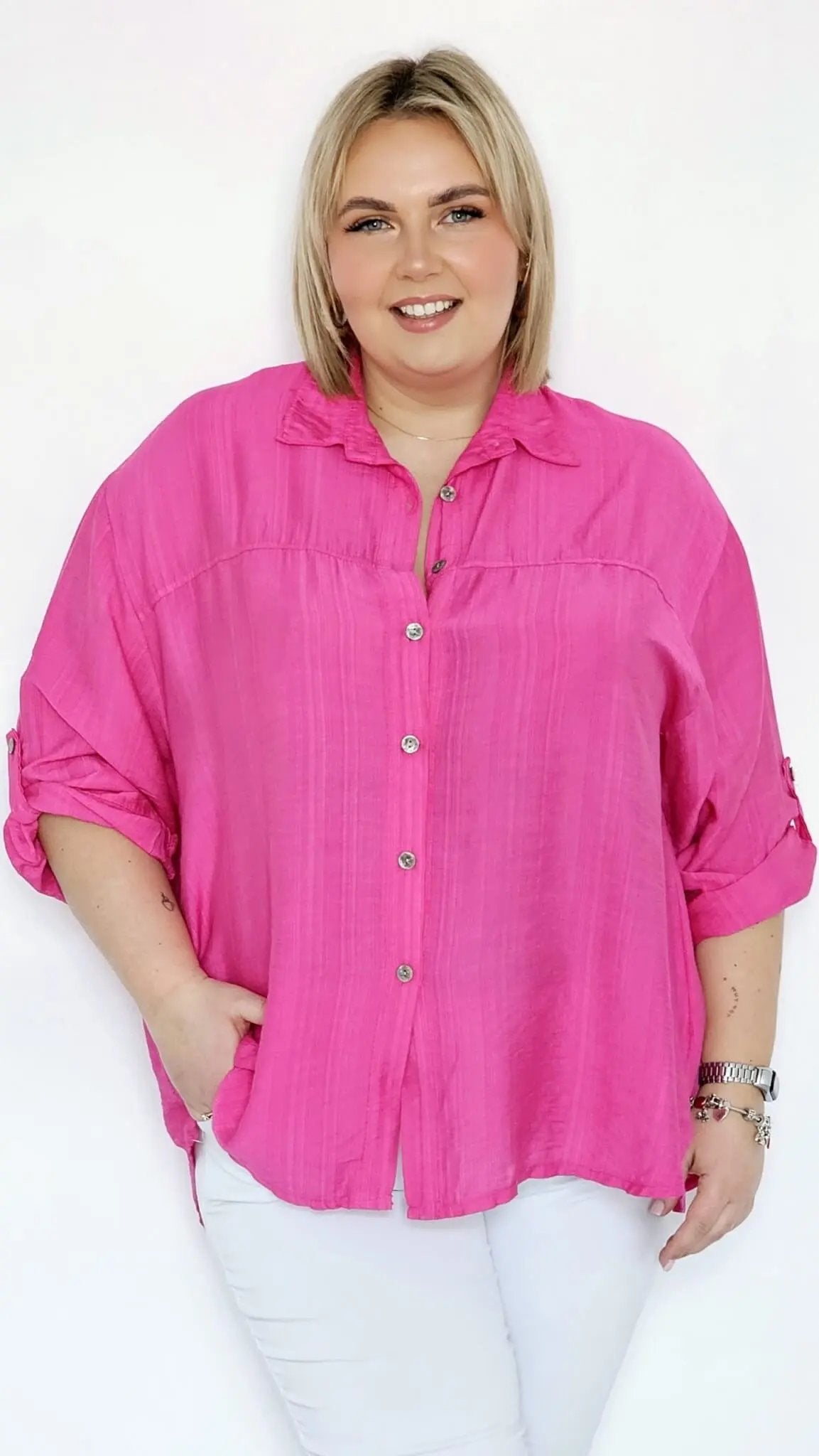 Koszula oversize z podpinanymi rękawami - fuksja Stylowa XL