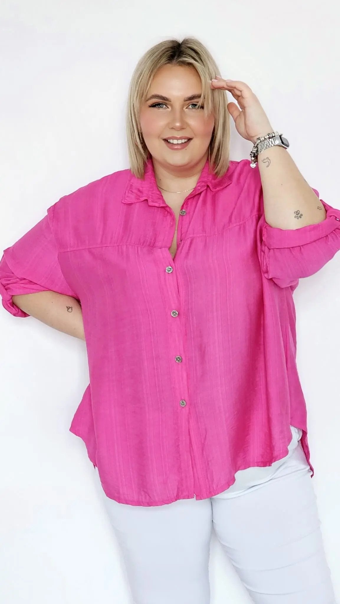 Koszula oversize z podpinanymi rękawami - fuksja Stylowa XL