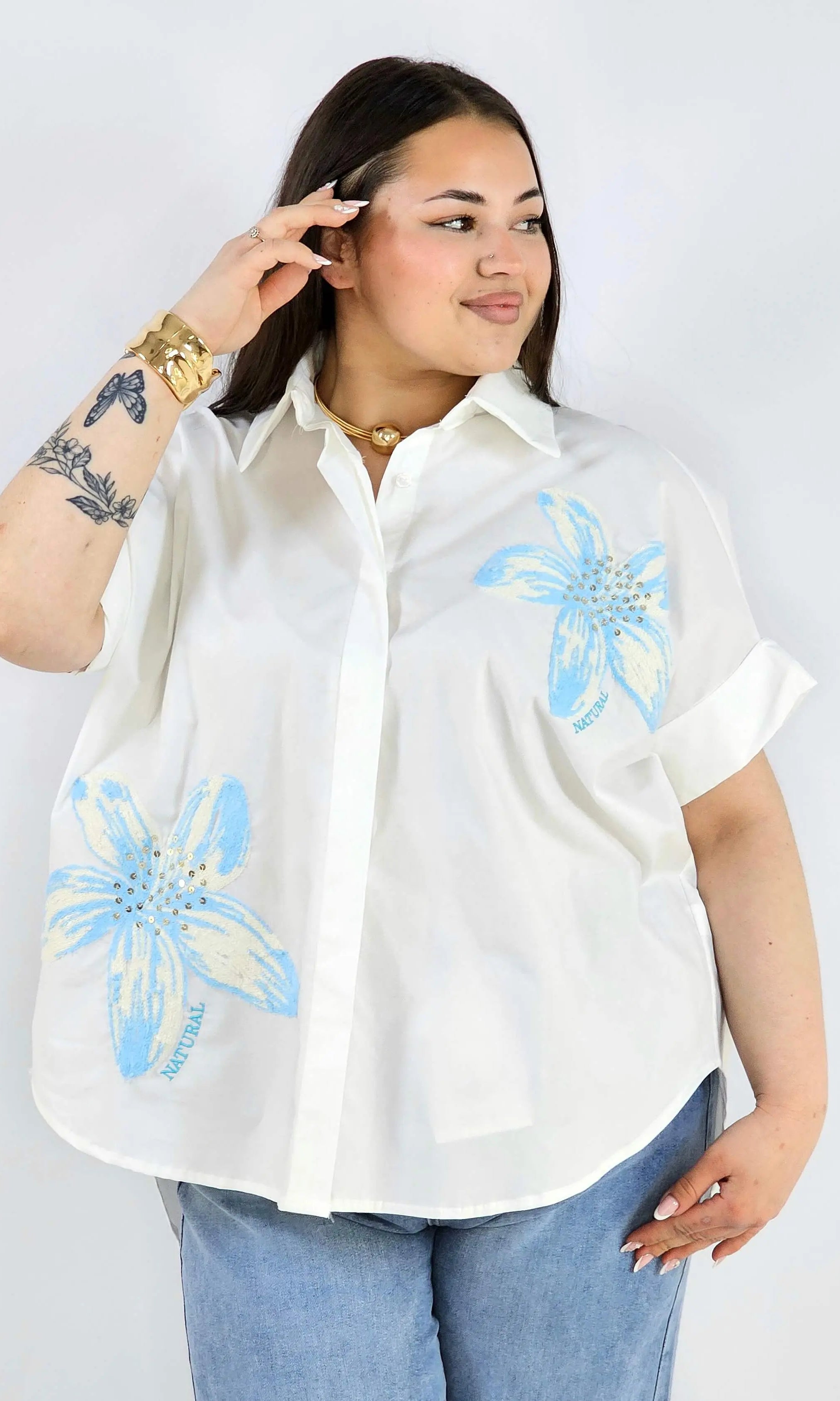 Koszula plus size Zeta Otto z kwiatową aplikacją oversize lekka i stylowa Stylowa XL