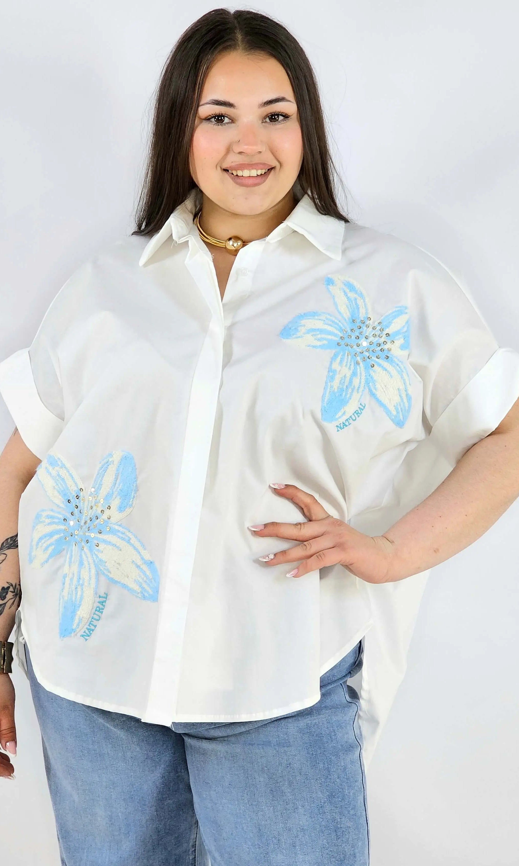 Koszula plus size Zeta Otto z kwiatową aplikacją oversize lekka i stylowa Stylowa XL