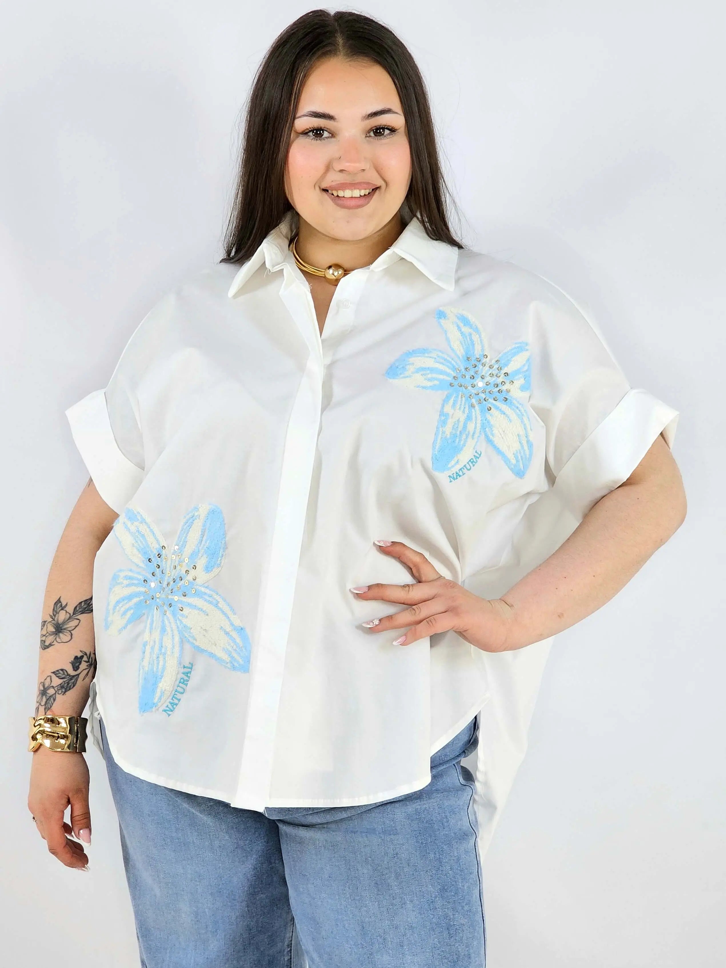 Koszula plus size Zeta Otto z kwiatową aplikacją oversize lekka i stylowa Stylowa XL