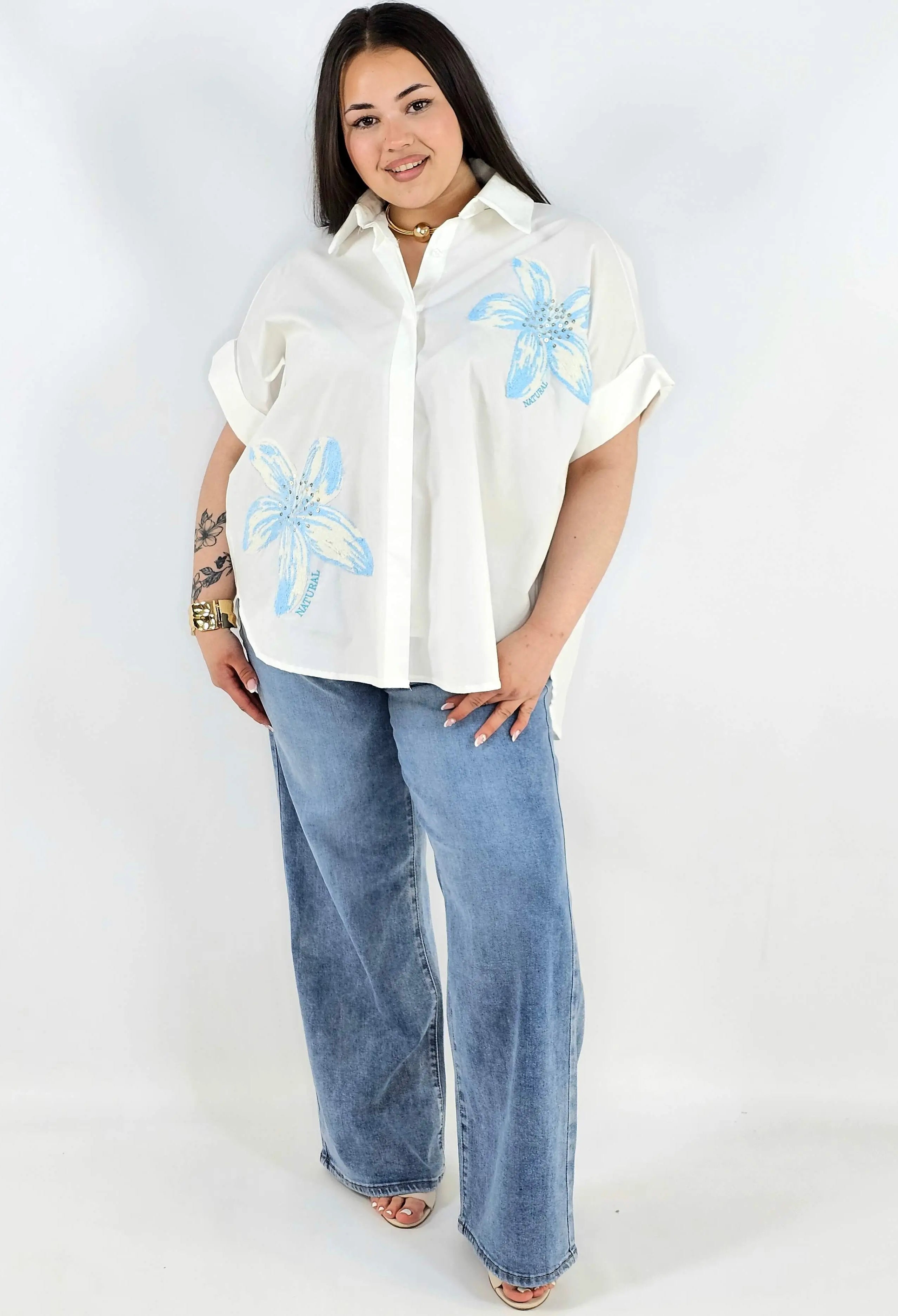 Koszula plus size Zeta Otto z kwiatową aplikacją oversize lekka i stylowa Stylowa XL