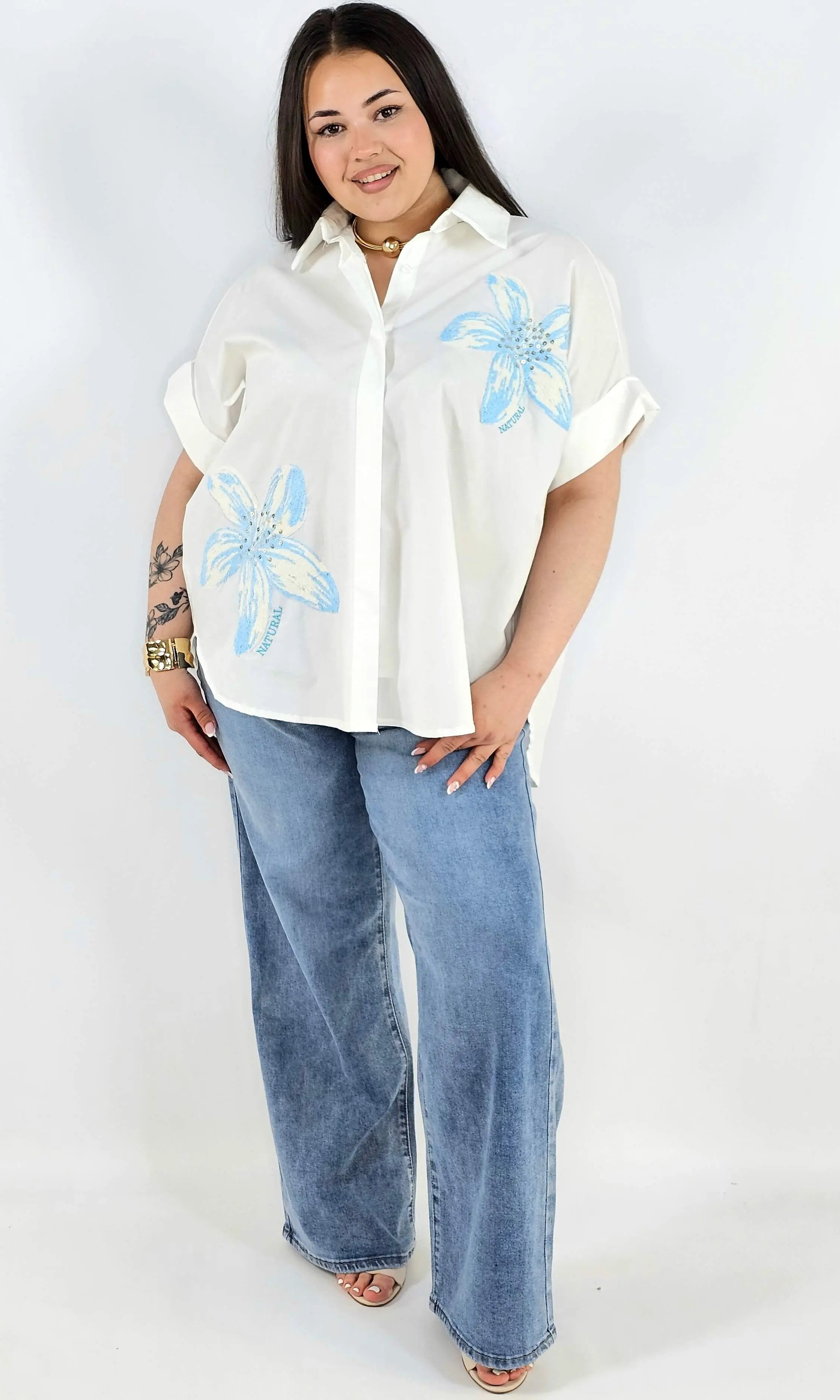 Koszula plus size Zeta Otto z kwiatową aplikacją oversize lekka i stylowa Stylowa XL
