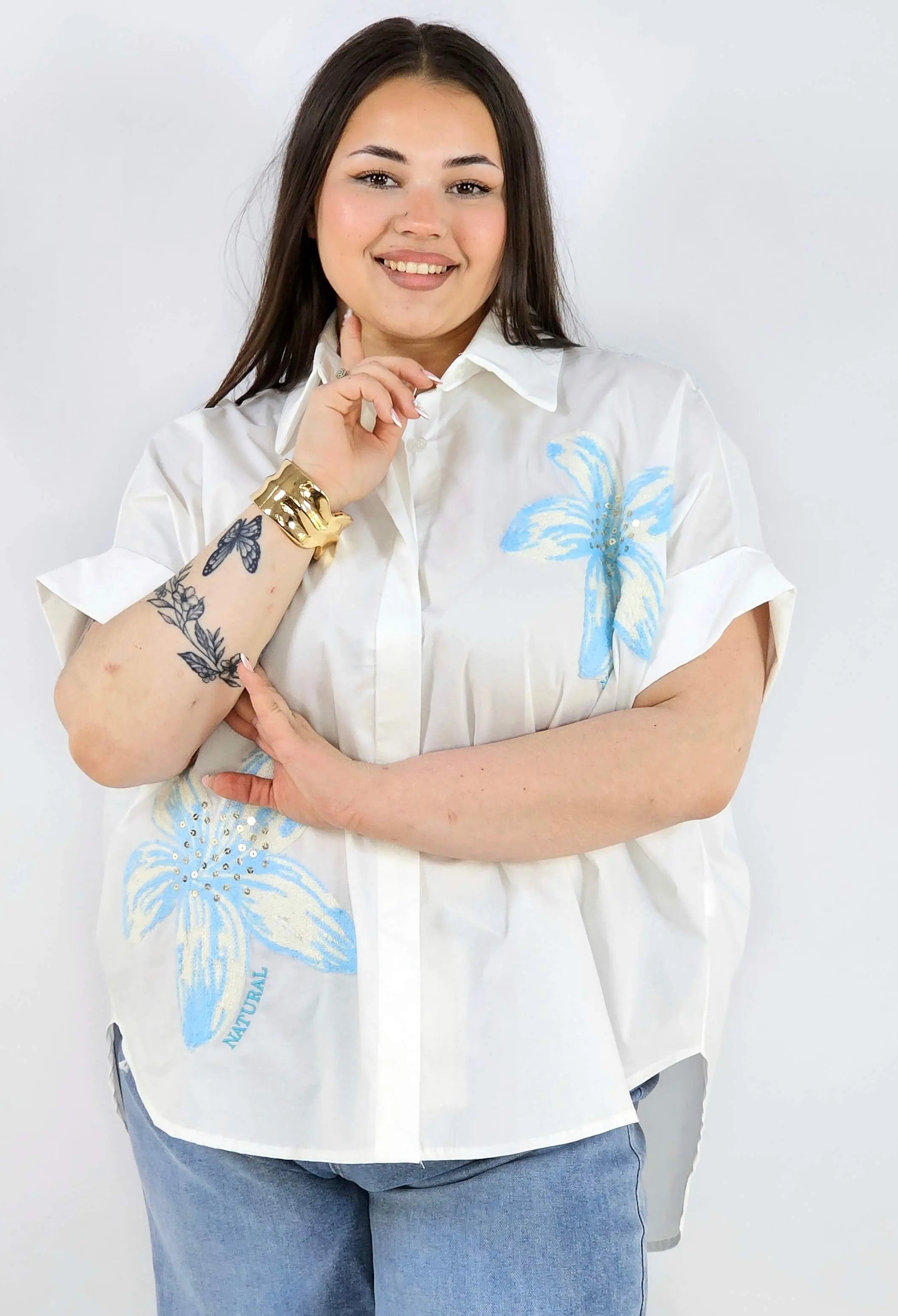 Koszula plus size Zeta Otto z kwiatową aplikacją oversize lekka i stylowa Stylowa XL