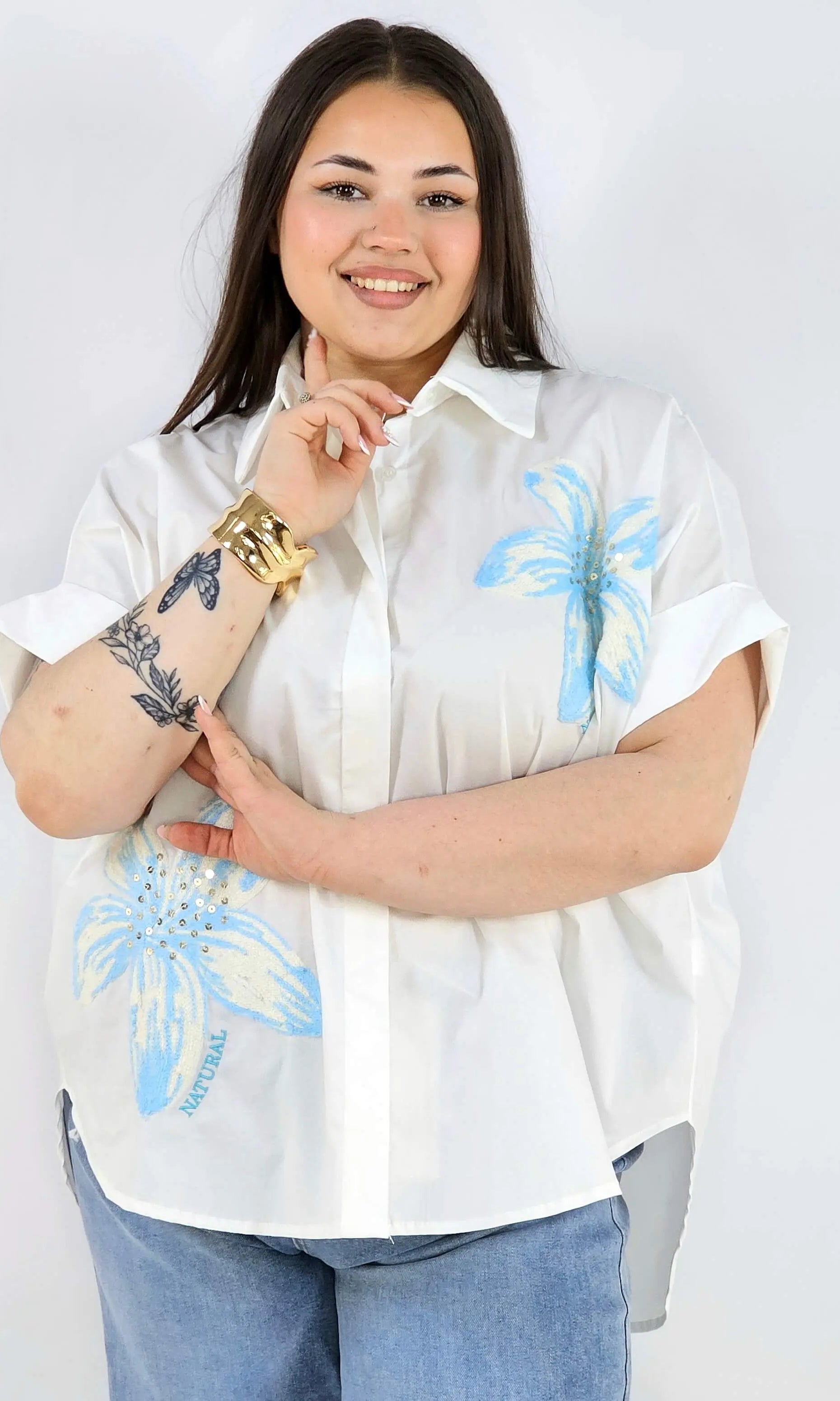 Koszula plus size Zeta Otto z kwiatową aplikacją oversize lekka i stylowa Stylowa XL