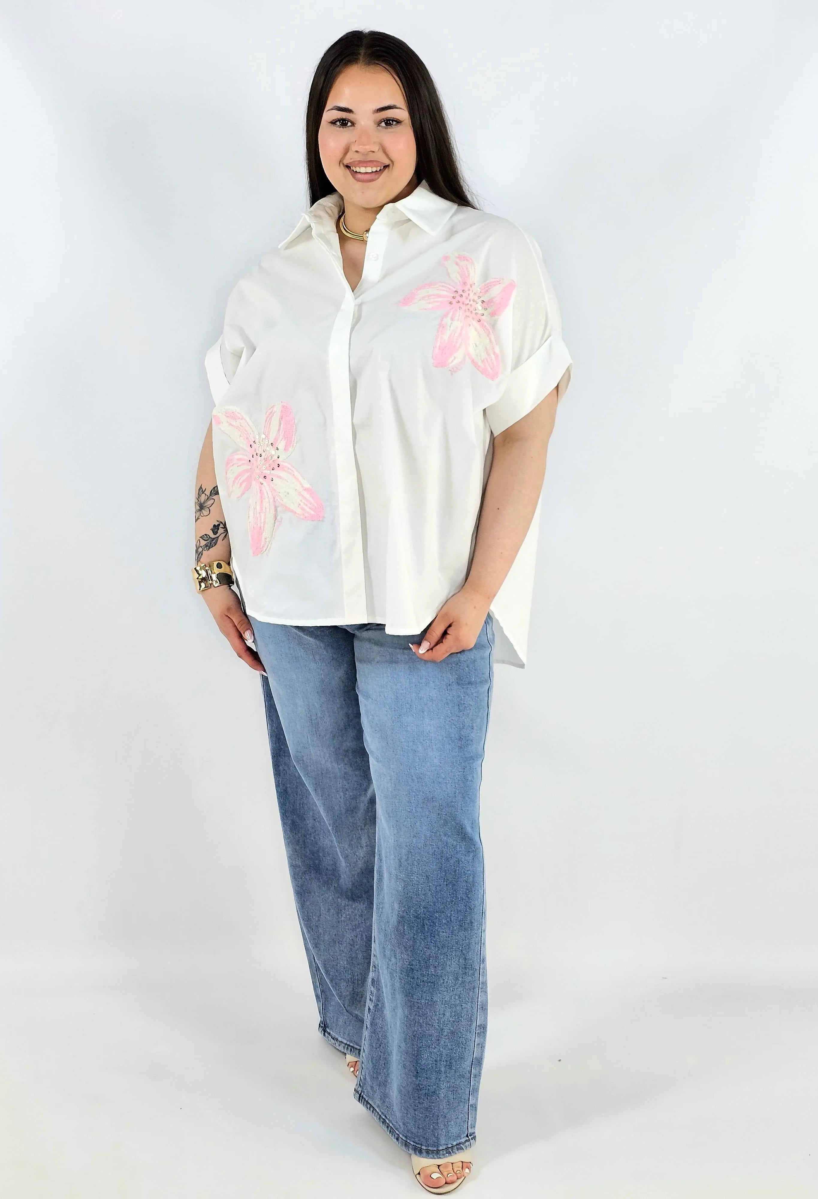 Koszula plus size Zeta Otto z kwiatową aplikacją oversize lekka i stylowa Stylowa XL