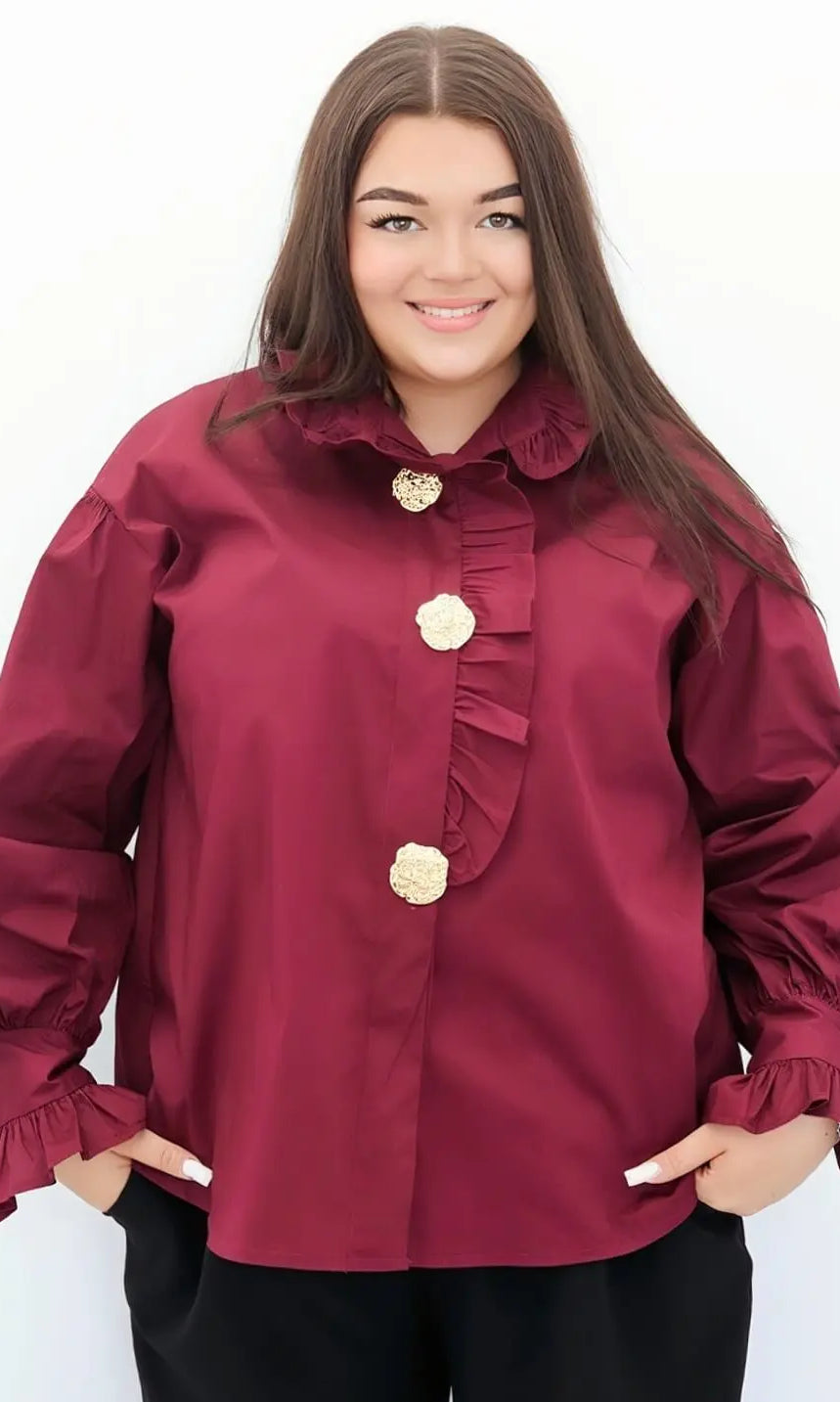 Koszula plus size z falbanką i złotymi guzikami – elegancja w nowoczesnym stylu Stylowa XL