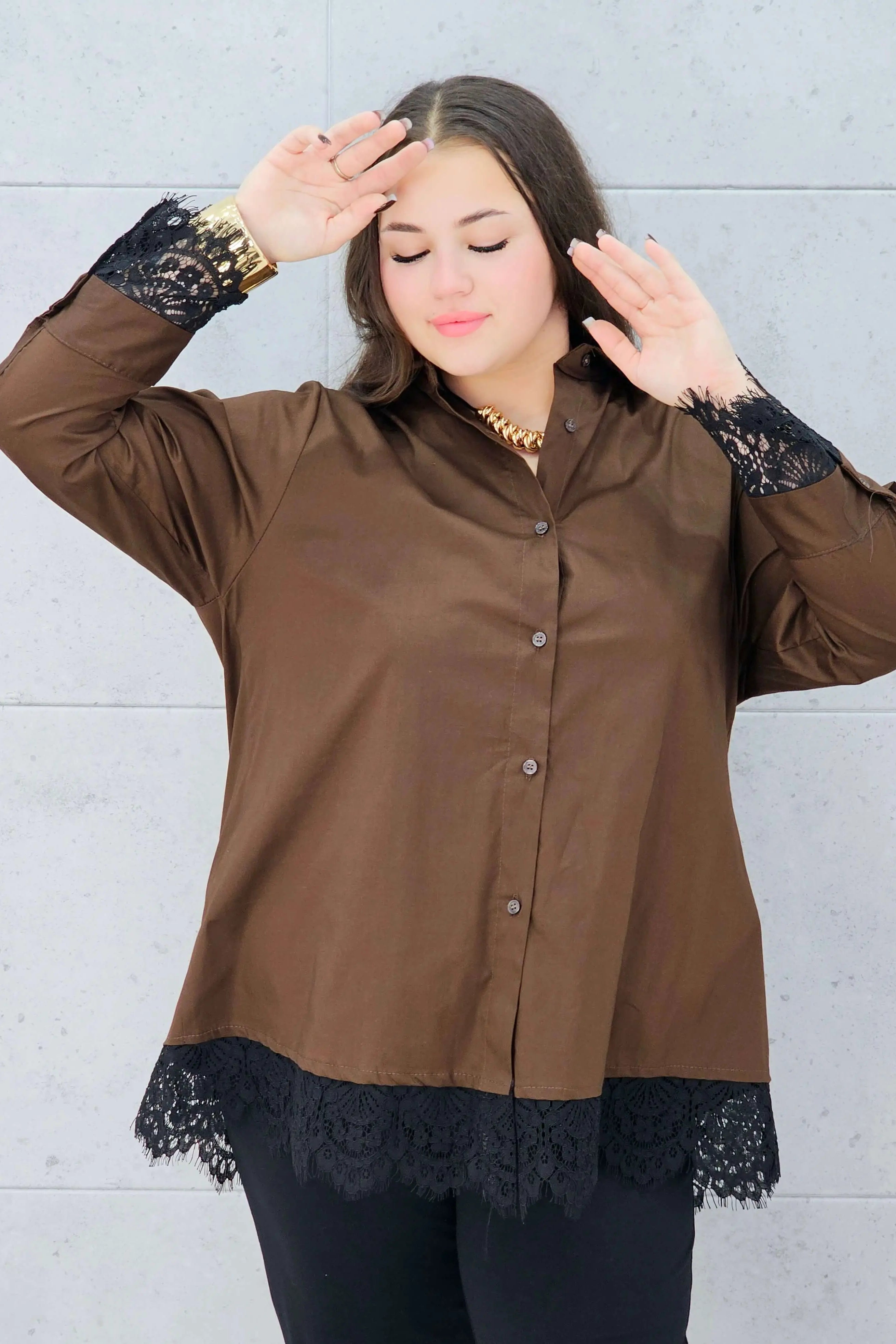 koszula z koronką brązowa plus size Stylowa XL – przód