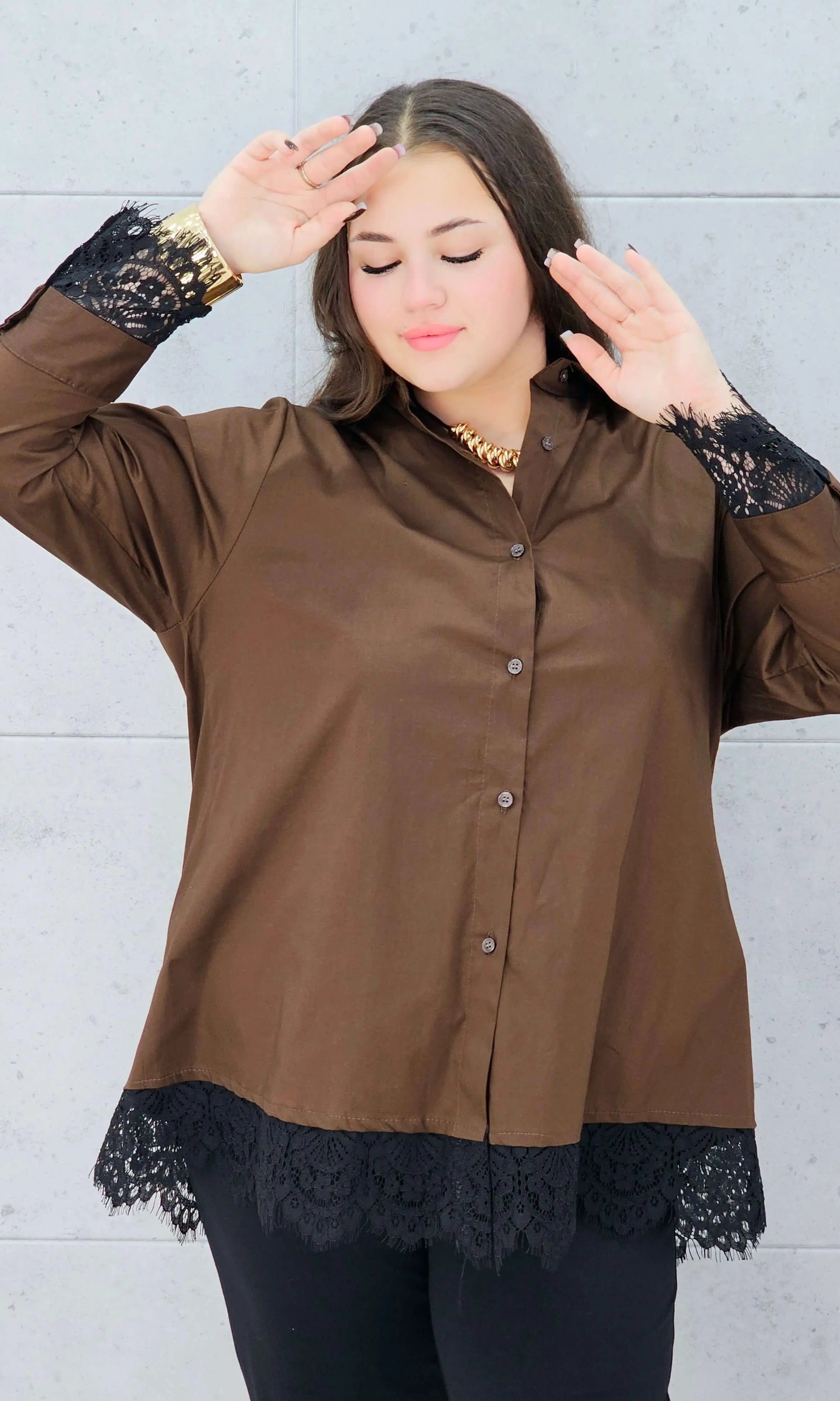 koszula z koronką brązowa plus size Stylowa XL – przód