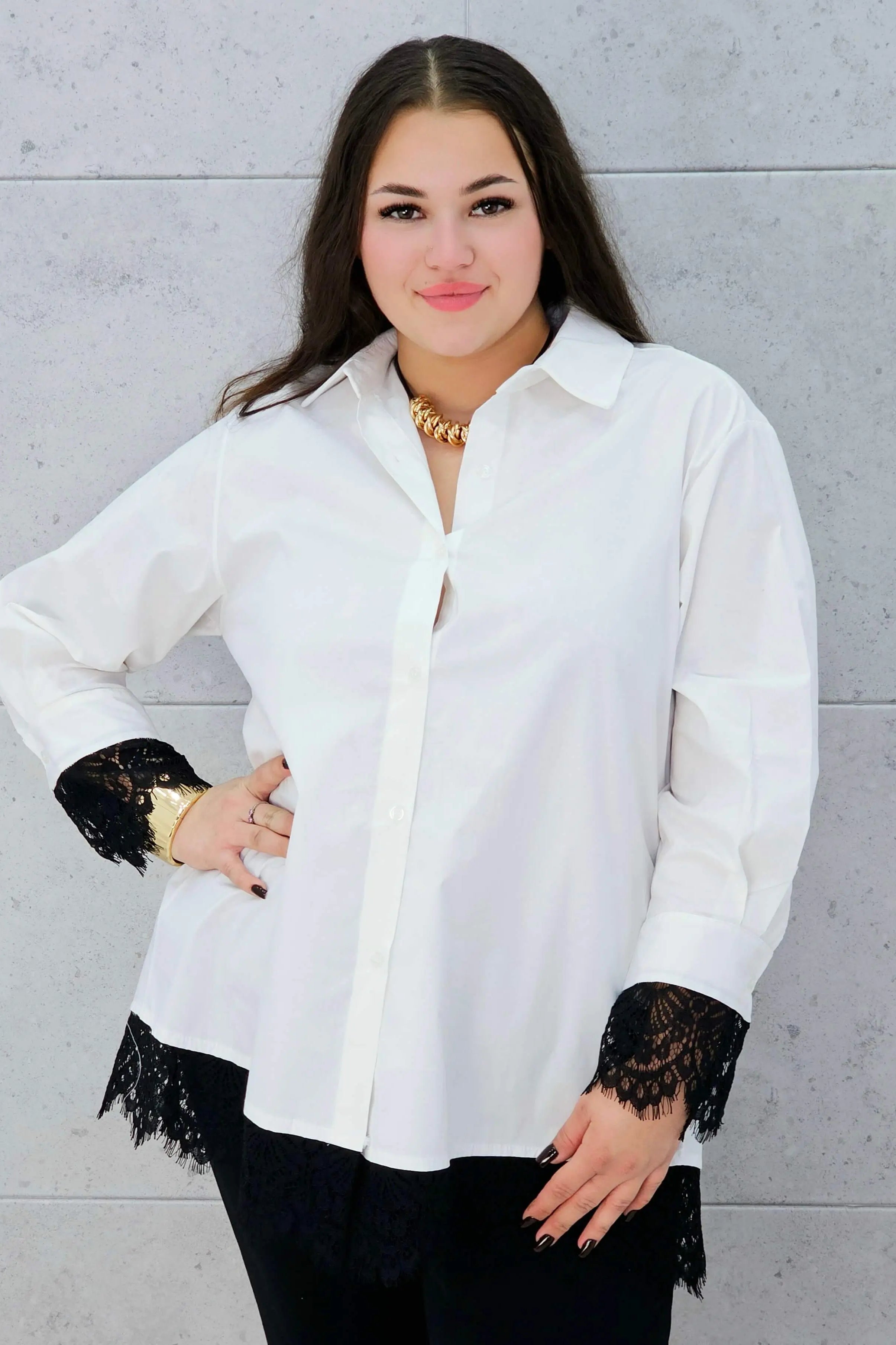 koszula z koronką biała plus size Stylowa XL – rękaw z koronką