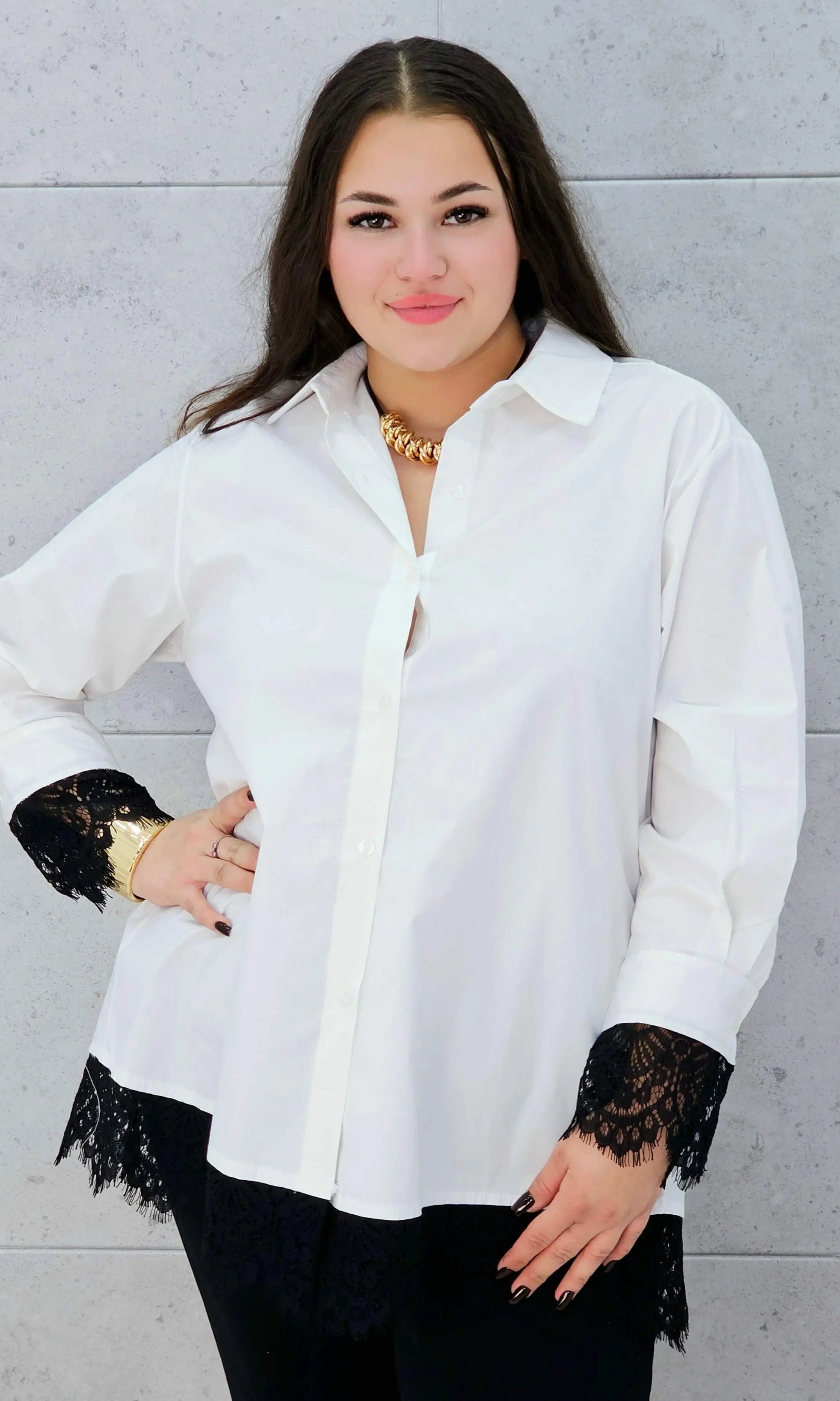koszula z koronką biała plus size Stylowa XL – rękaw z koronką