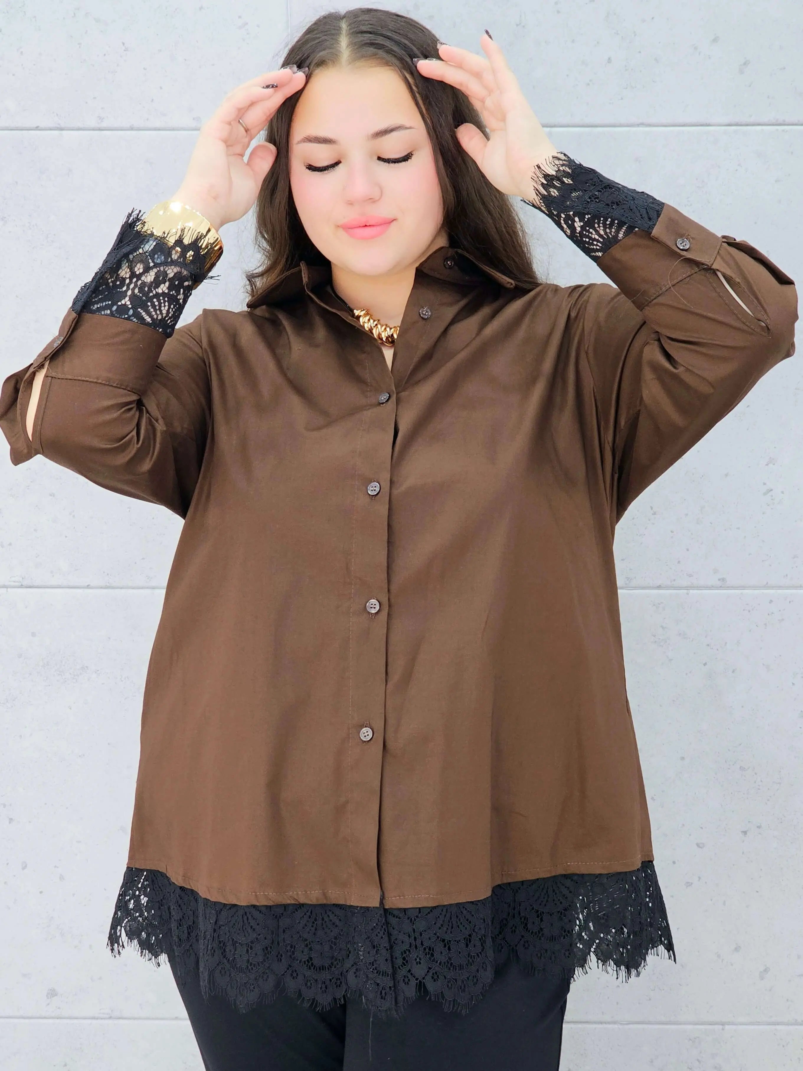 koszula z koronką brązowa plus size Stylowa XL – rękaw z koronką