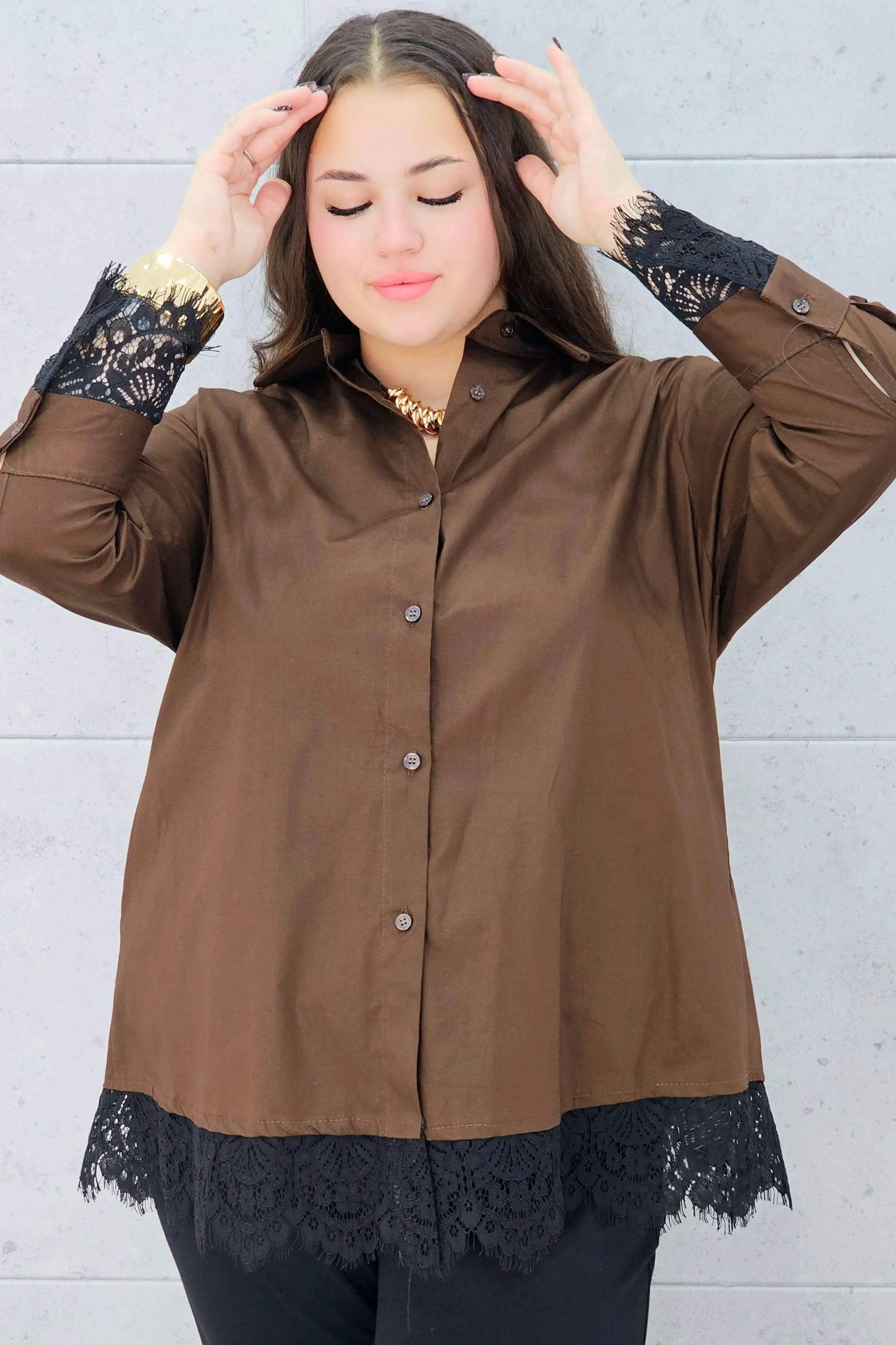 koszula z koronką brązowa plus size Stylowa XL – rękaw z koronką