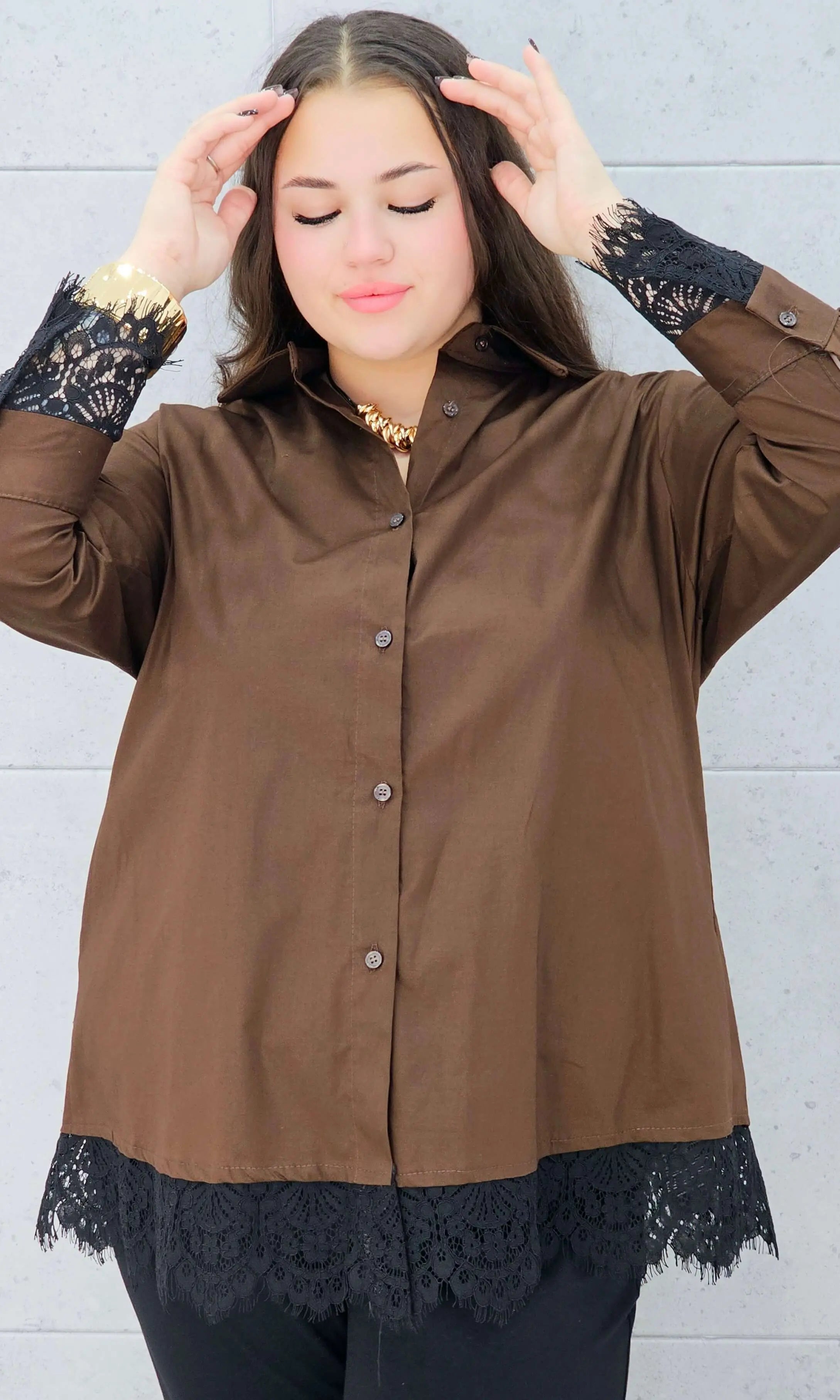koszula z koronką brązowa plus size Stylowa XL – rękaw z koronką