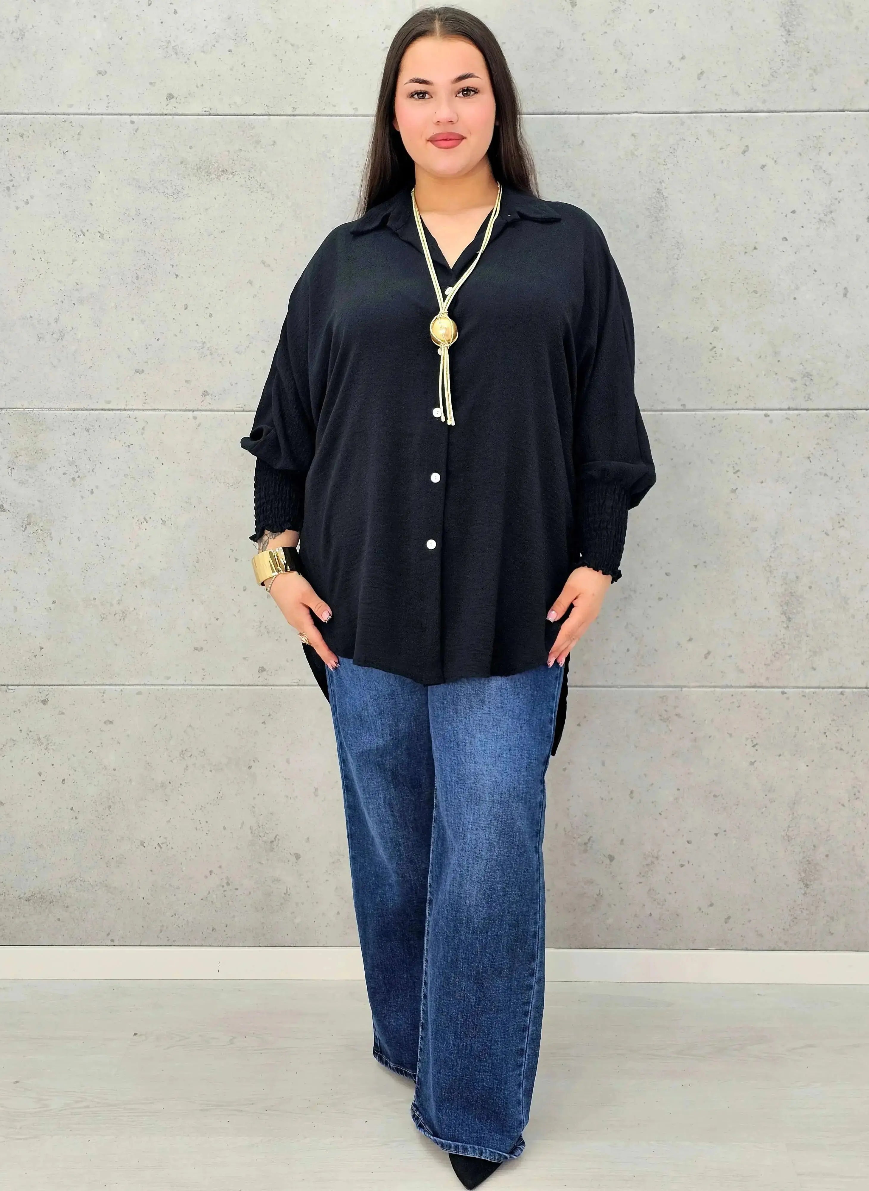 Koszulowa bluzka/tunika plus size ze ściągaczami – zielona, biała, czarna, czekoladowa, bordowa | Stylowa XL - Stylowa XL