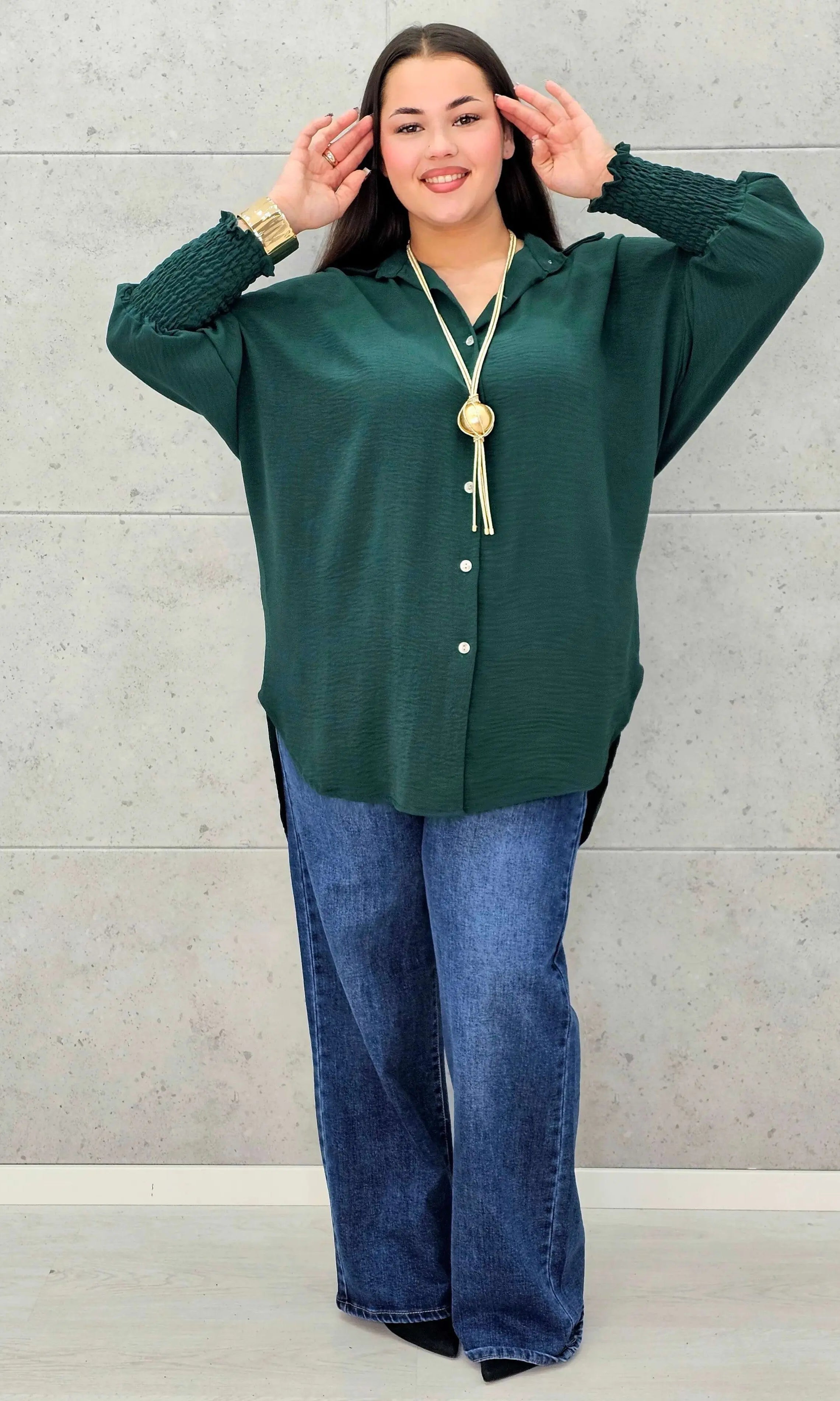 Koszulowa bluzka/tunika plus size ze ściągaczami – zielona, biała, czarna, czekoladowa, bordowa | Stylowa XL - Stylowa XL