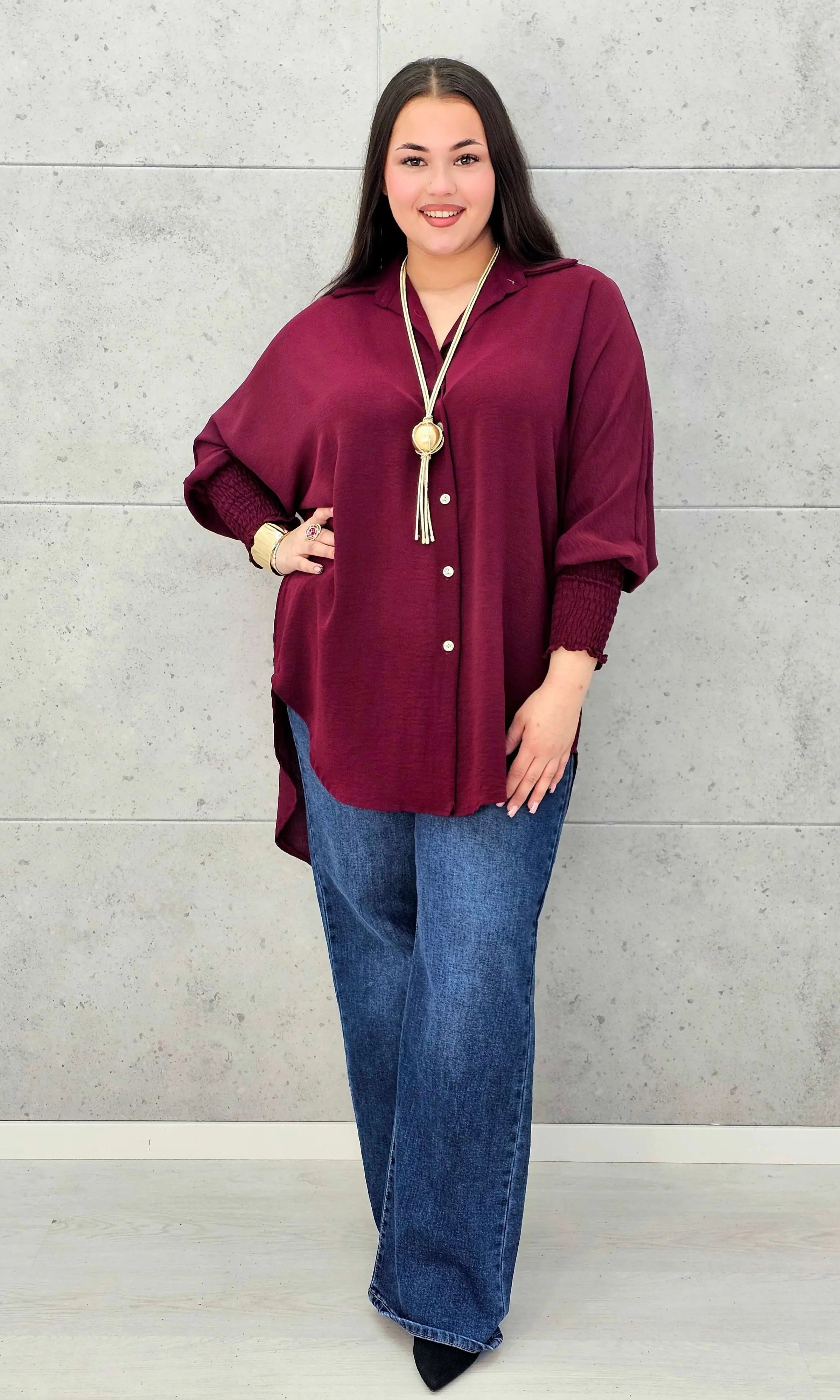 Koszulowa bluzka/tunika plus size ze ściągaczami – zielona, biała, czarna, czekoladowa, bordowa | Stylowa XL - Stylowa XL