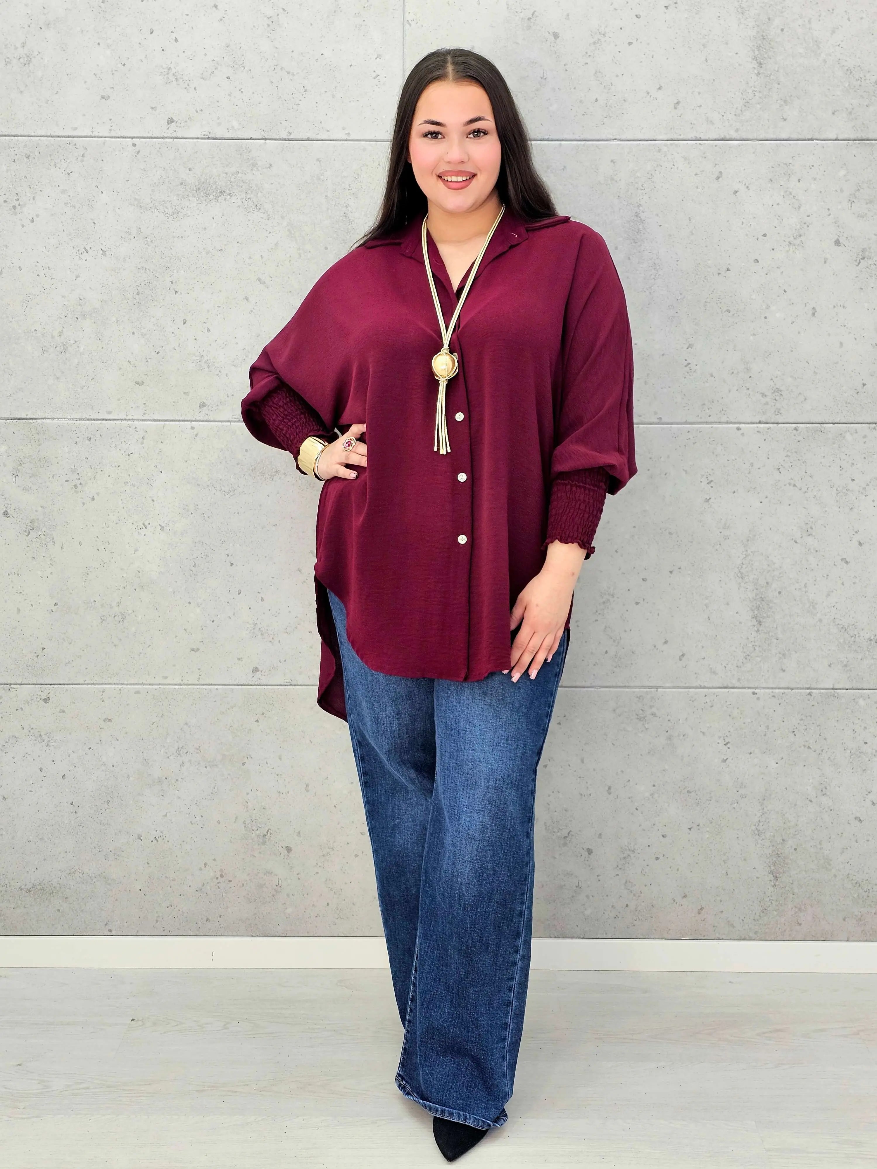 Koszulowa bluzka/tunika plus size ze ściągaczami – zielona, biała, czarna, czekoladowa, bordowa | Stylowa XL - Stylowa XL