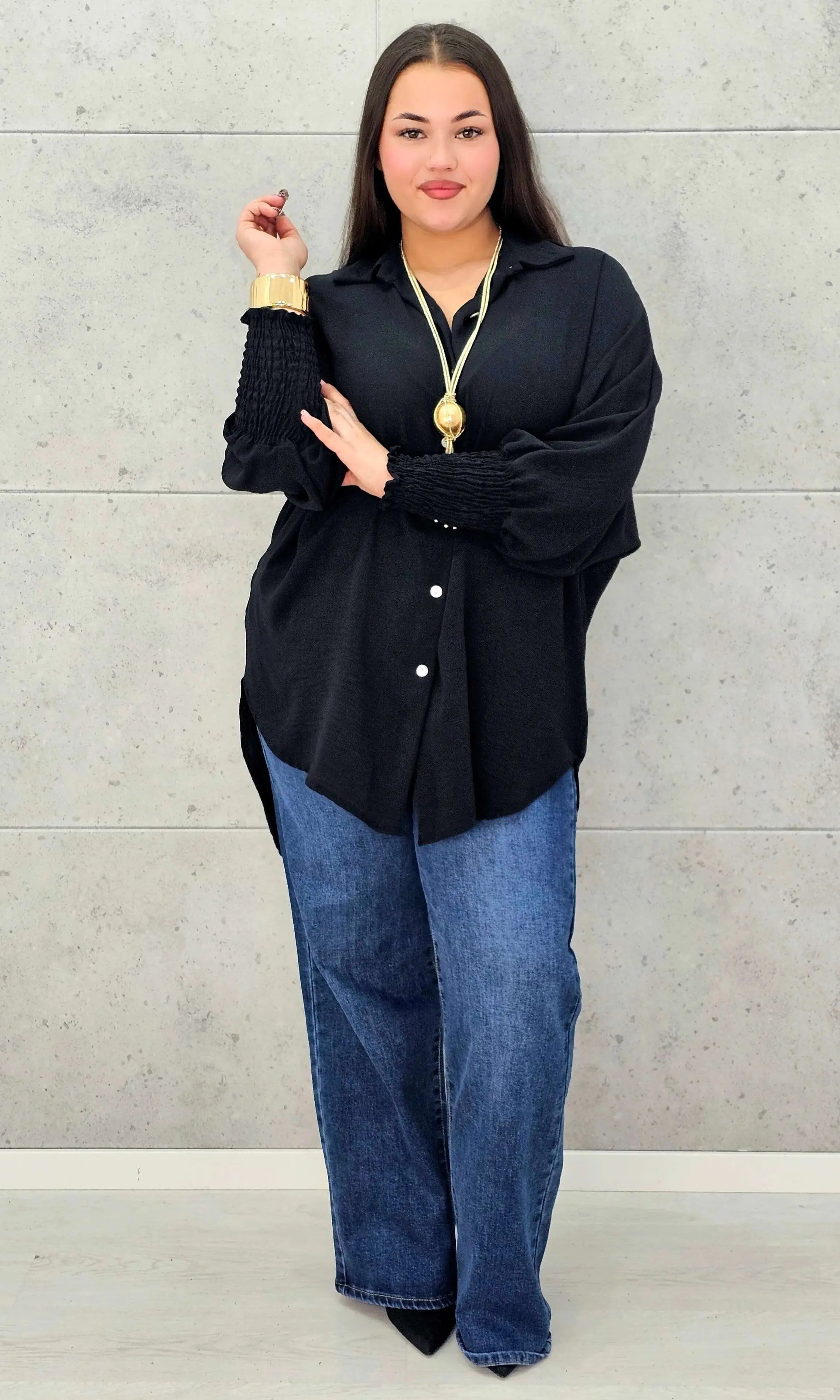 Koszulowa bluzka/tunika plus size ze ściągaczami – zielona, biała, czarna, czekoladowa, bordowa | Stylowa XL - Stylowa XL