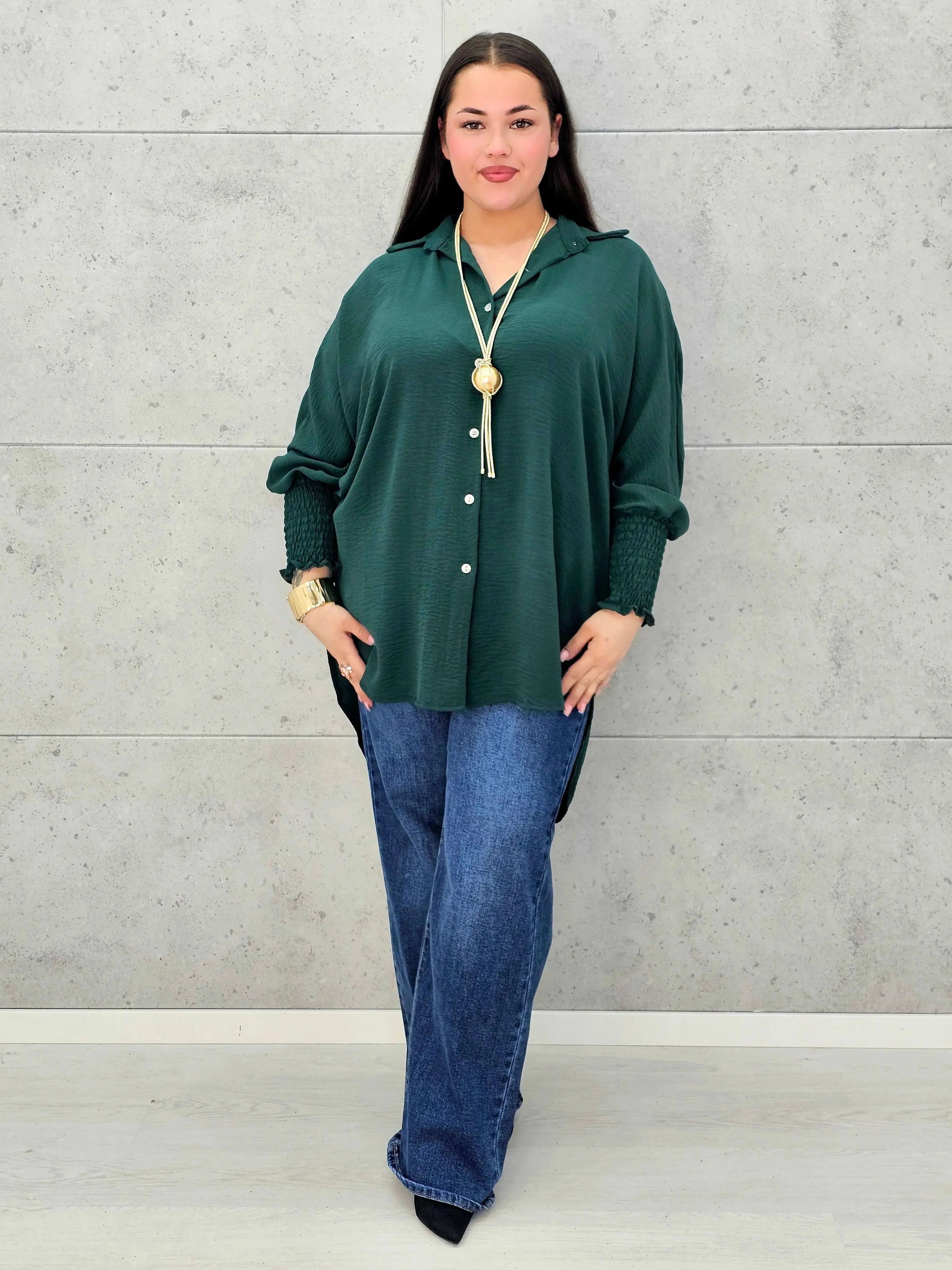 Koszulowa bluzka/tunika plus size ze ściągaczami – zielona, biała, czarna, czekoladowa, bordowa | Stylowa XL - Stylowa XL