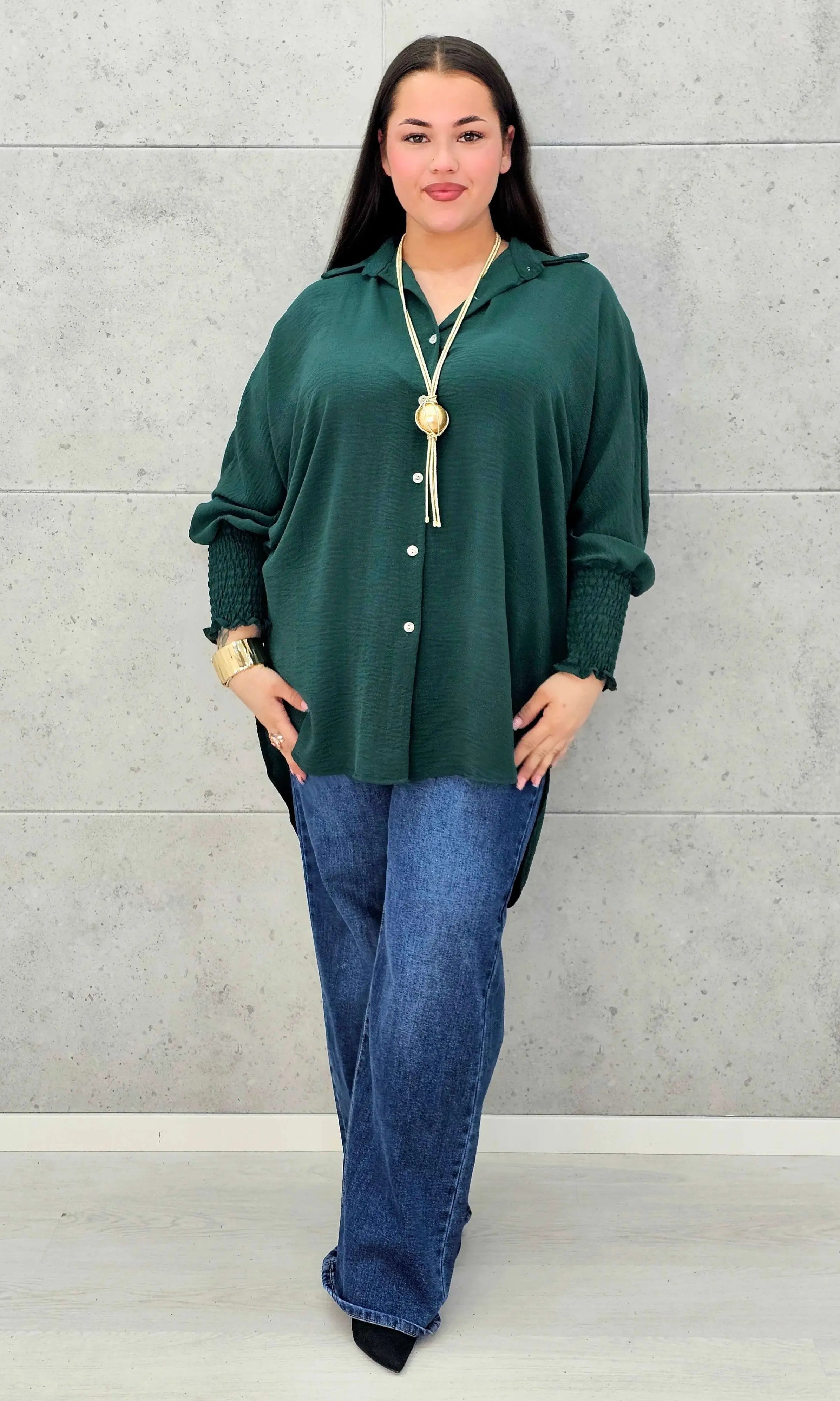 Koszulowa bluzka/tunika plus size ze ściągaczami – zielona, biała, czarna, czekoladowa, bordowa | Stylowa XL - Stylowa XL