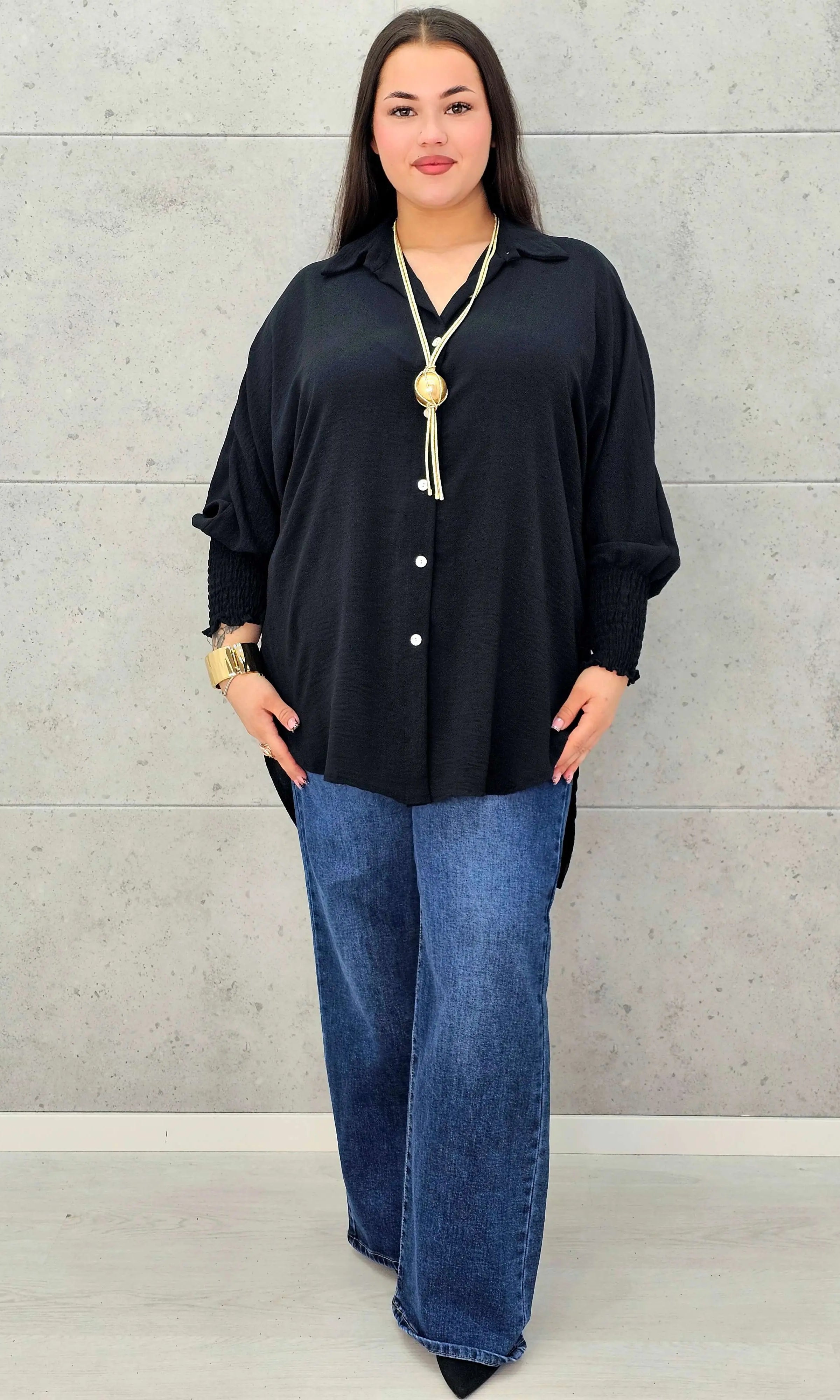 Koszulowa bluzka/tunika plus size ze ściągaczami – zielona, biała, czarna, czekoladowa, bordowa | Stylowa XL - Stylowa XL