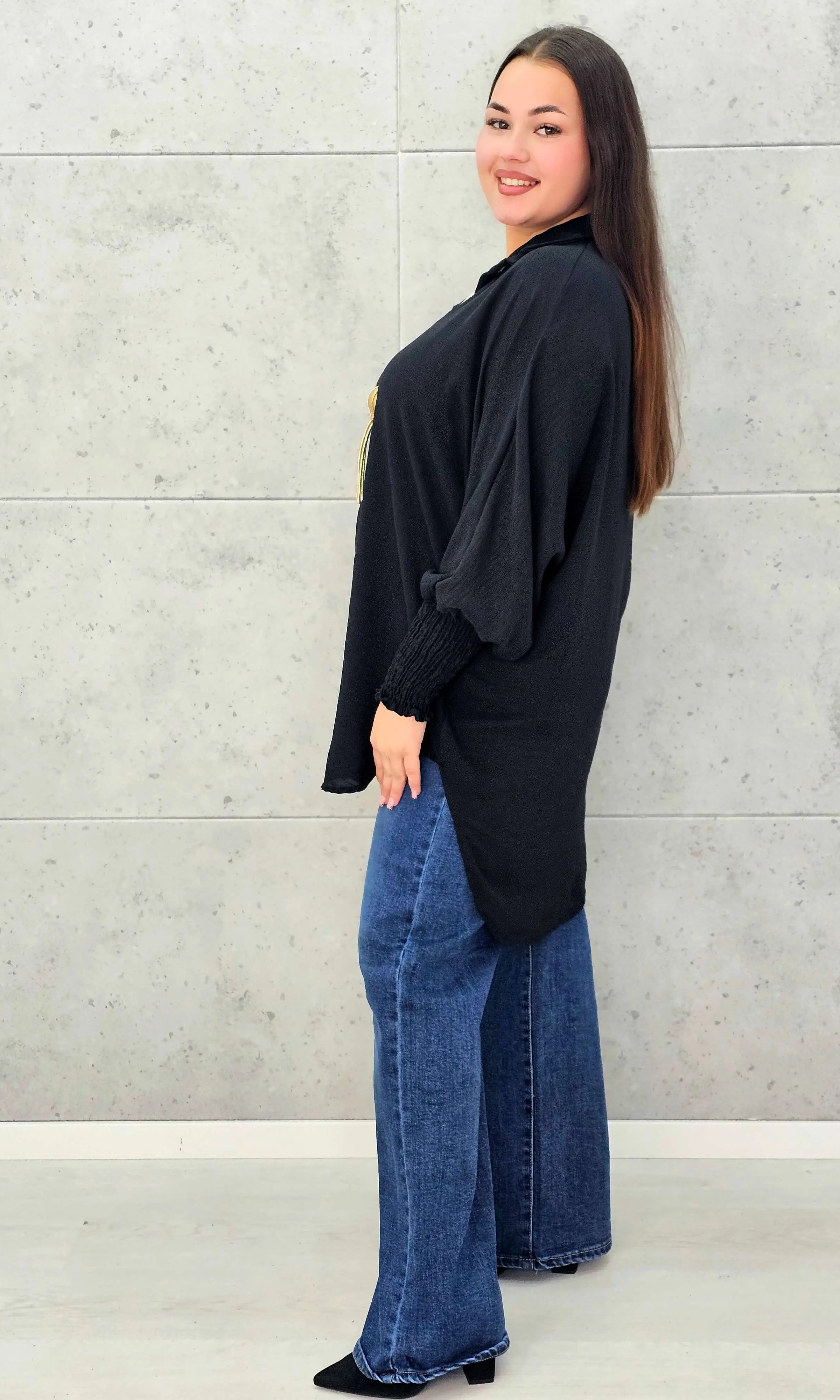 Koszulowa bluzka/tunika plus size ze ściągaczami – zielona, biała, czarna, czekoladowa, bordowa | Stylowa XL - Stylowa XL