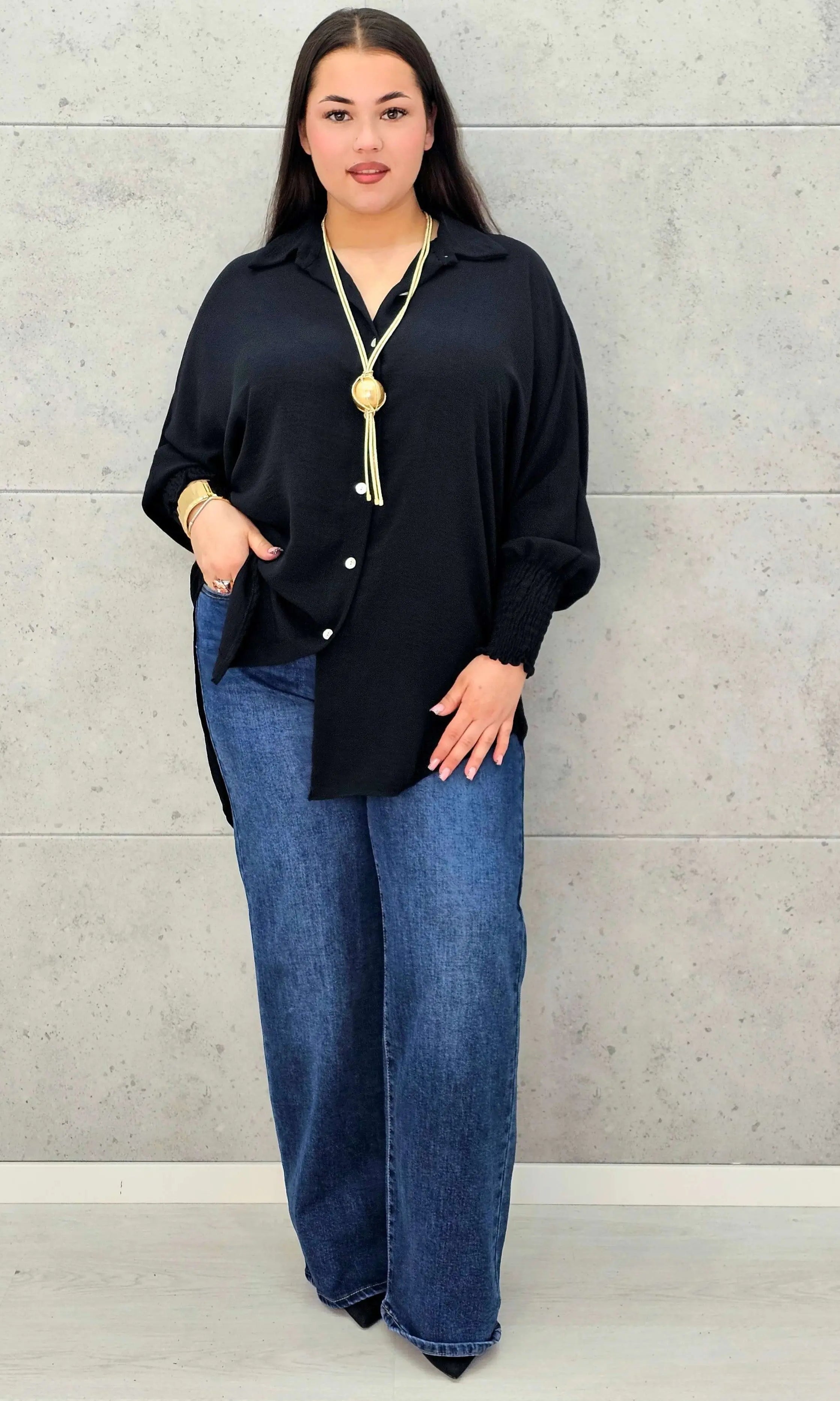 Koszulowa bluzka/tunika plus size ze ściągaczami – zielona, biała, czarna, czekoladowa, bordowa | Stylowa XL - Stylowa XL