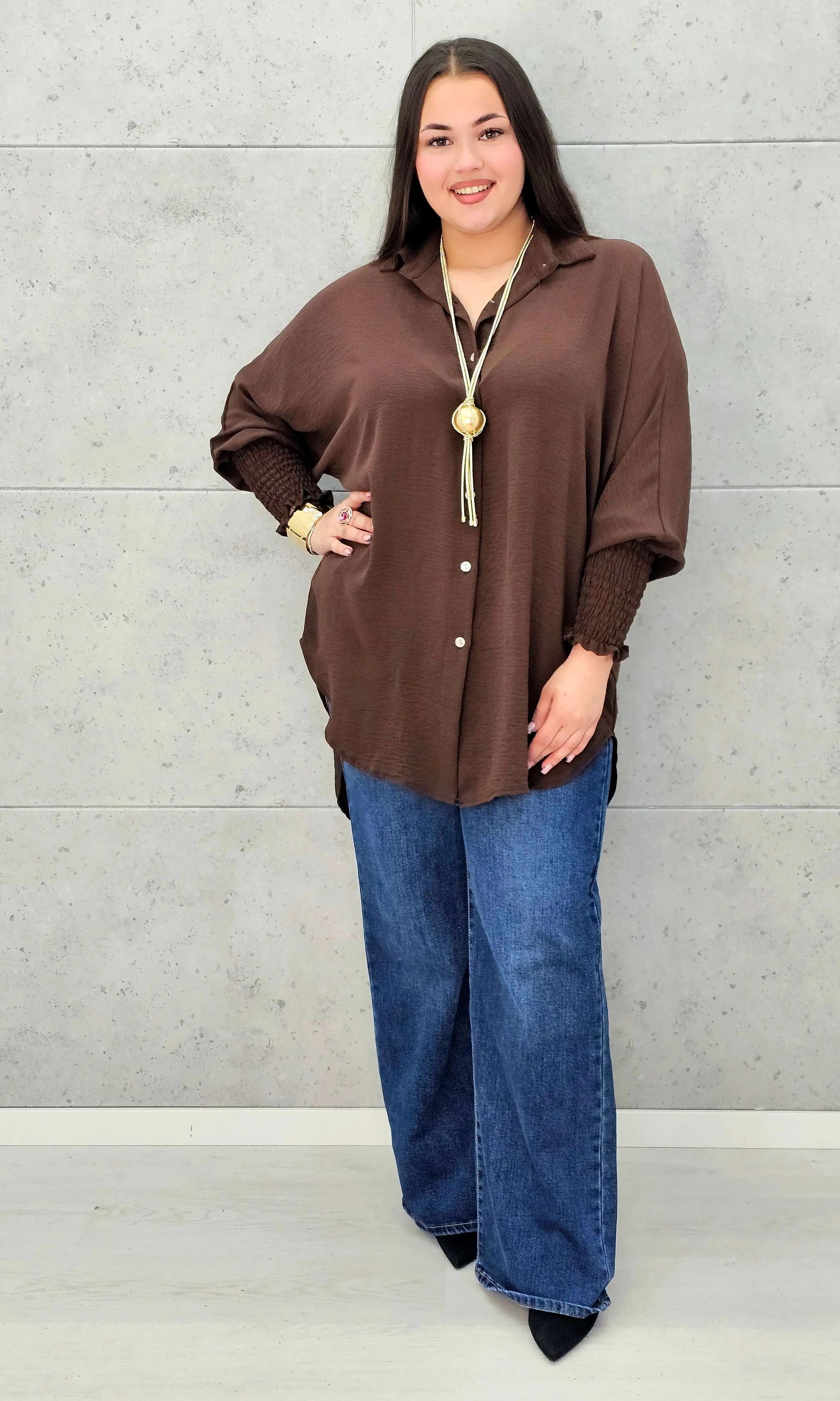 Koszulowa bluzka/tunika plus size ze ściągaczami – zielona, biała, czarna, czekoladowa, bordowa | Stylowa XL - Stylowa XL