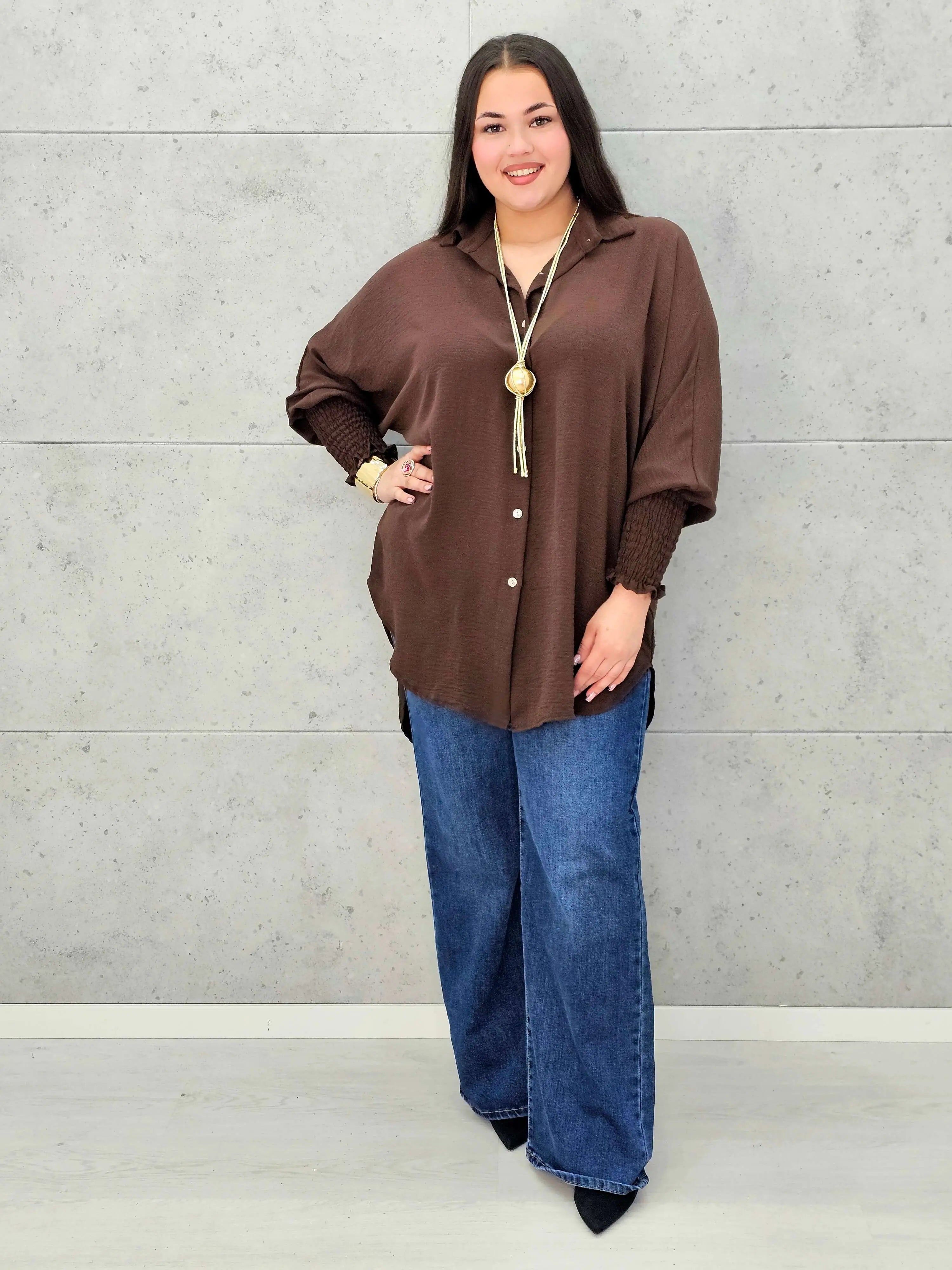 Koszulowa bluzka/tunika plus size ze ściągaczami – zielona, biała, czarna, czekoladowa, bordowa | Stylowa XL - Stylowa XL