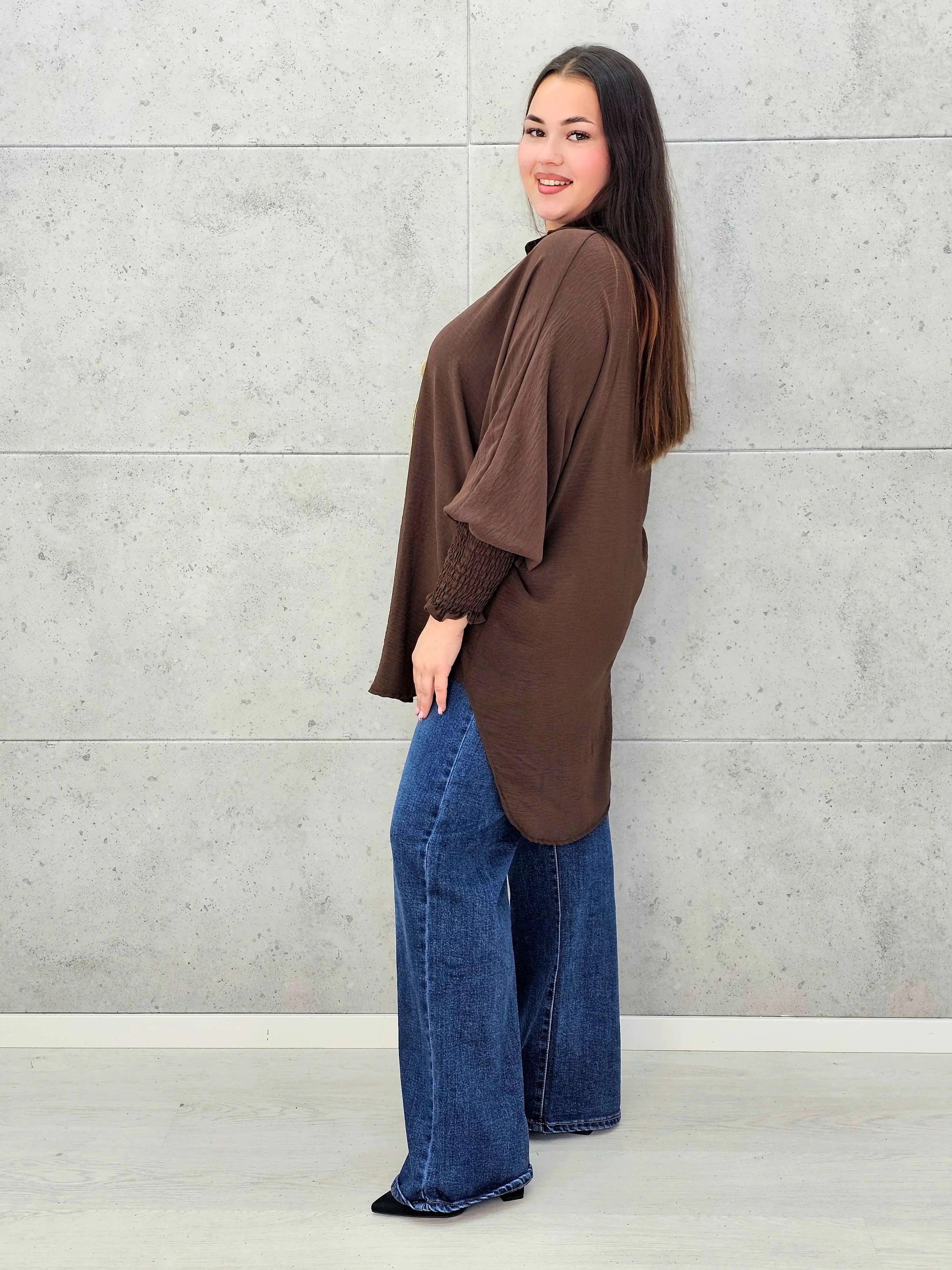 Koszulowa bluzka/tunika plus size ze ściągaczami – zielona, biała, czarna, czekoladowa, bordowa | Stylowa XL - Stylowa XL