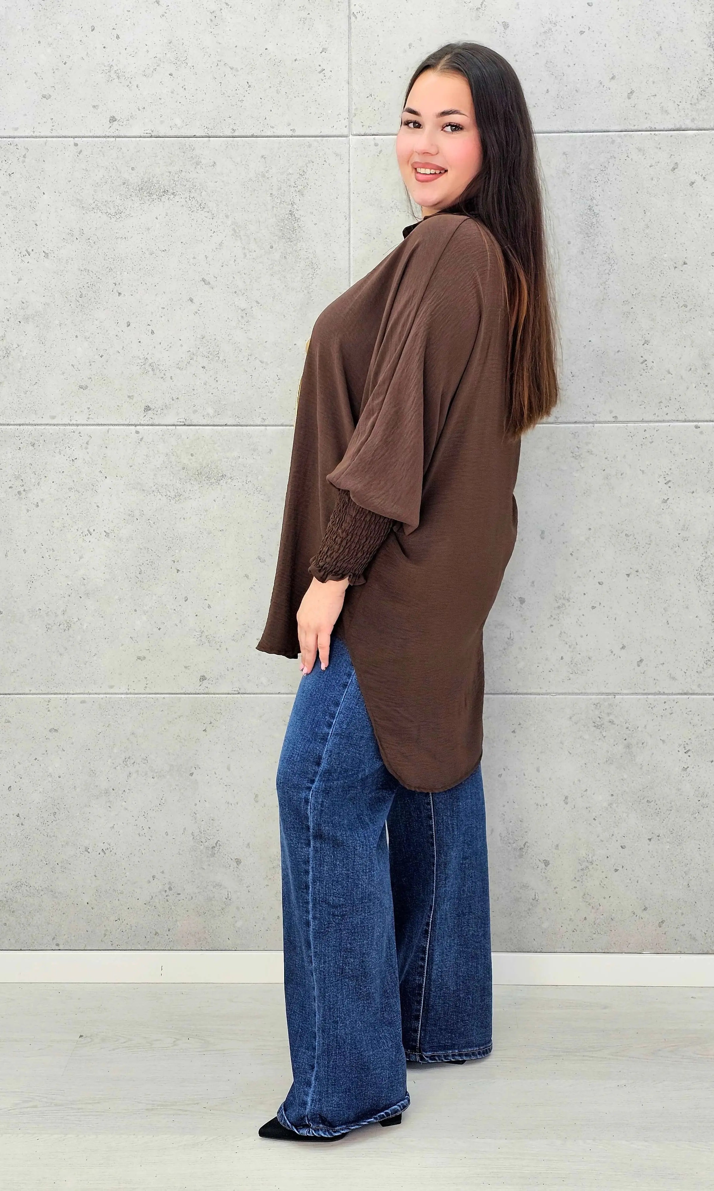 Koszulowa bluzka/tunika plus size ze ściągaczami – zielona, biała, czarna, czekoladowa, bordowa | Stylowa XL - Stylowa XL