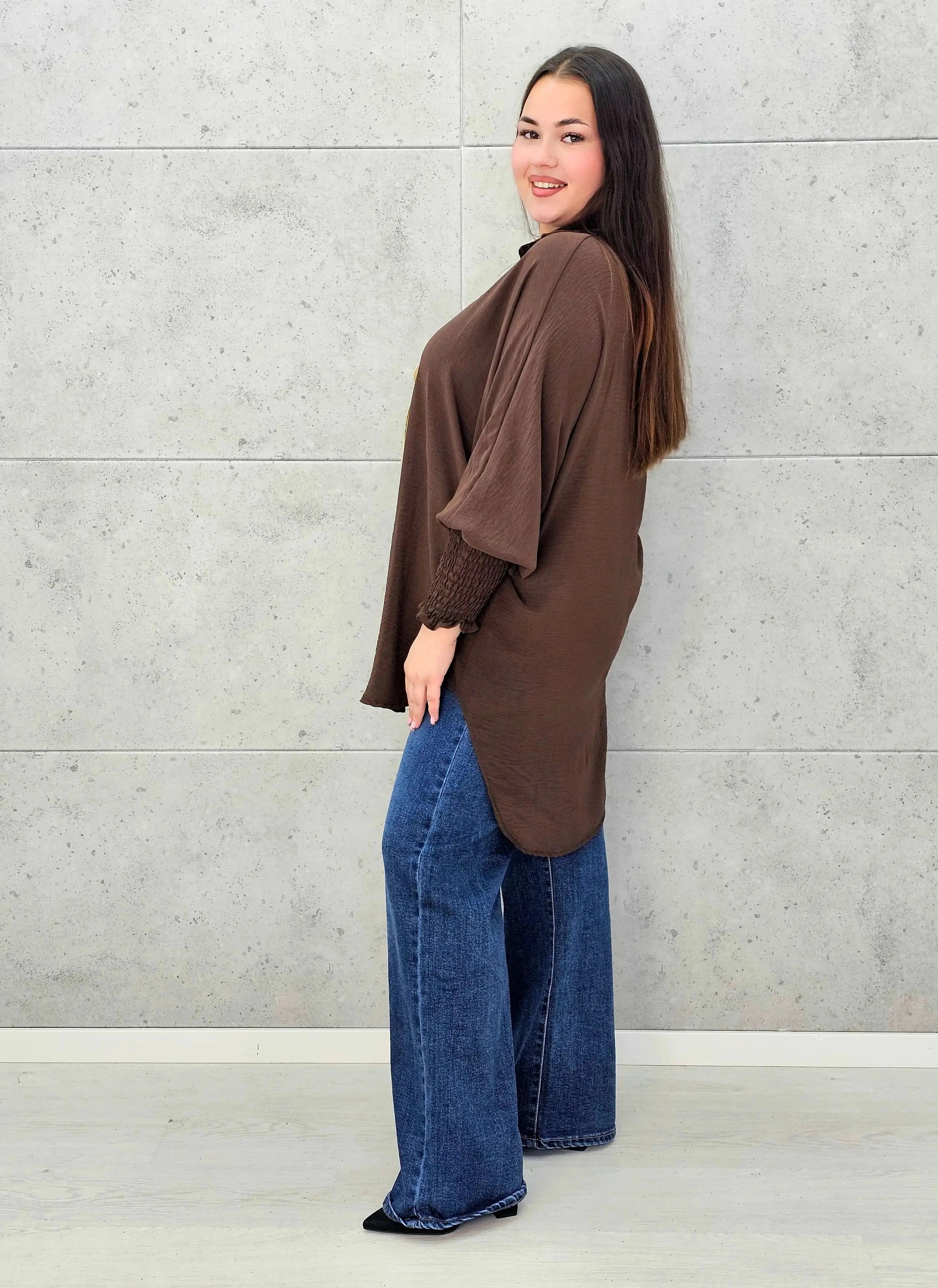 Koszulowa bluzka/tunika plus size ze ściągaczami – zielona, biała, czarna, czekoladowa, bordowa | Stylowa XL - Stylowa XL