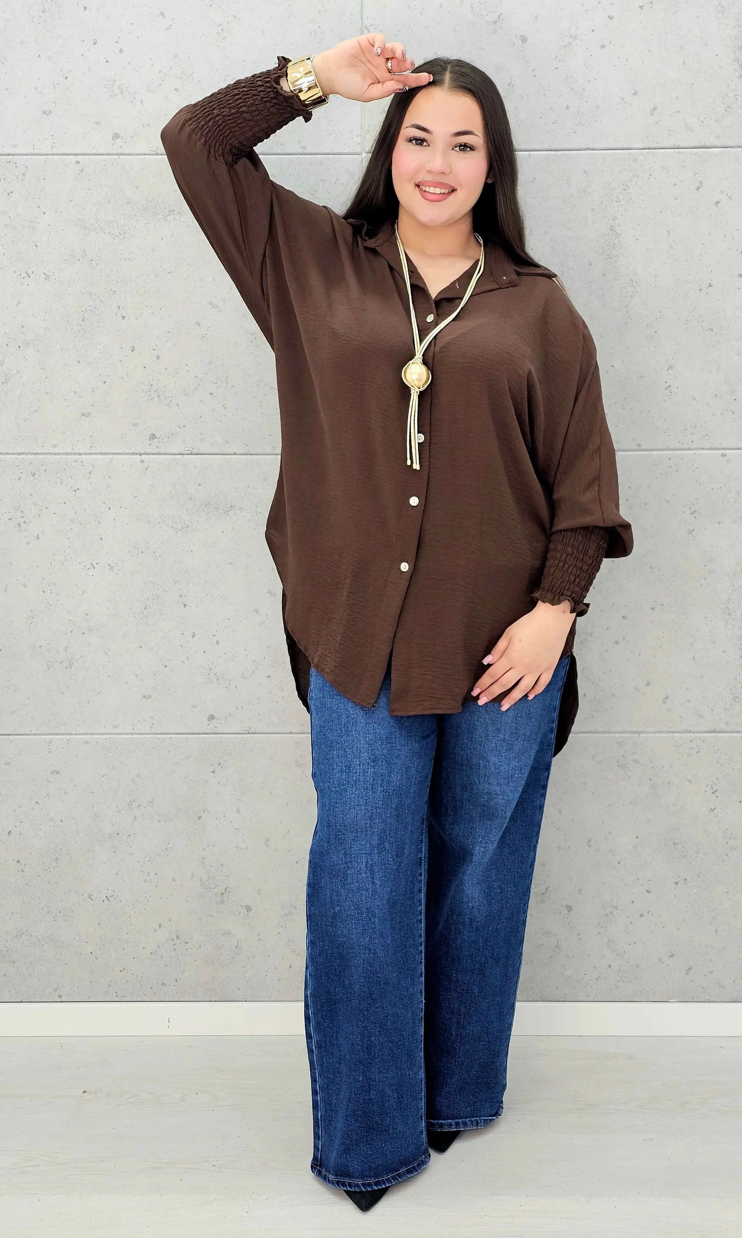 Koszulowa bluzka/tunika plus size ze ściągaczami – zielona, biała, czarna, czekoladowa, bordowa | Stylowa XL - Stylowa XL