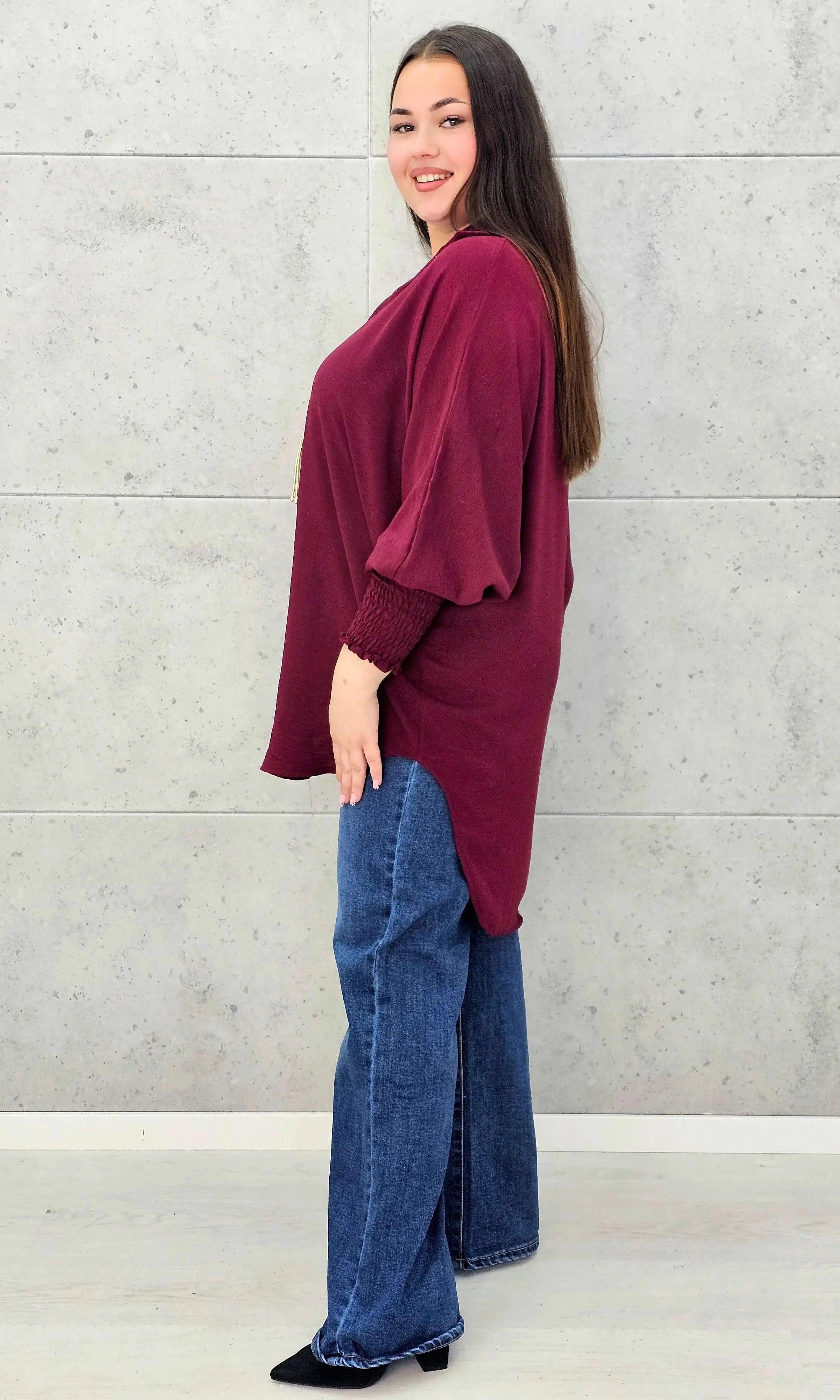 Koszulowa bluzka/tunika plus size ze ściągaczami – zielona, biała, czarna, czekoladowa, bordowa | Stylowa XL - Stylowa XL