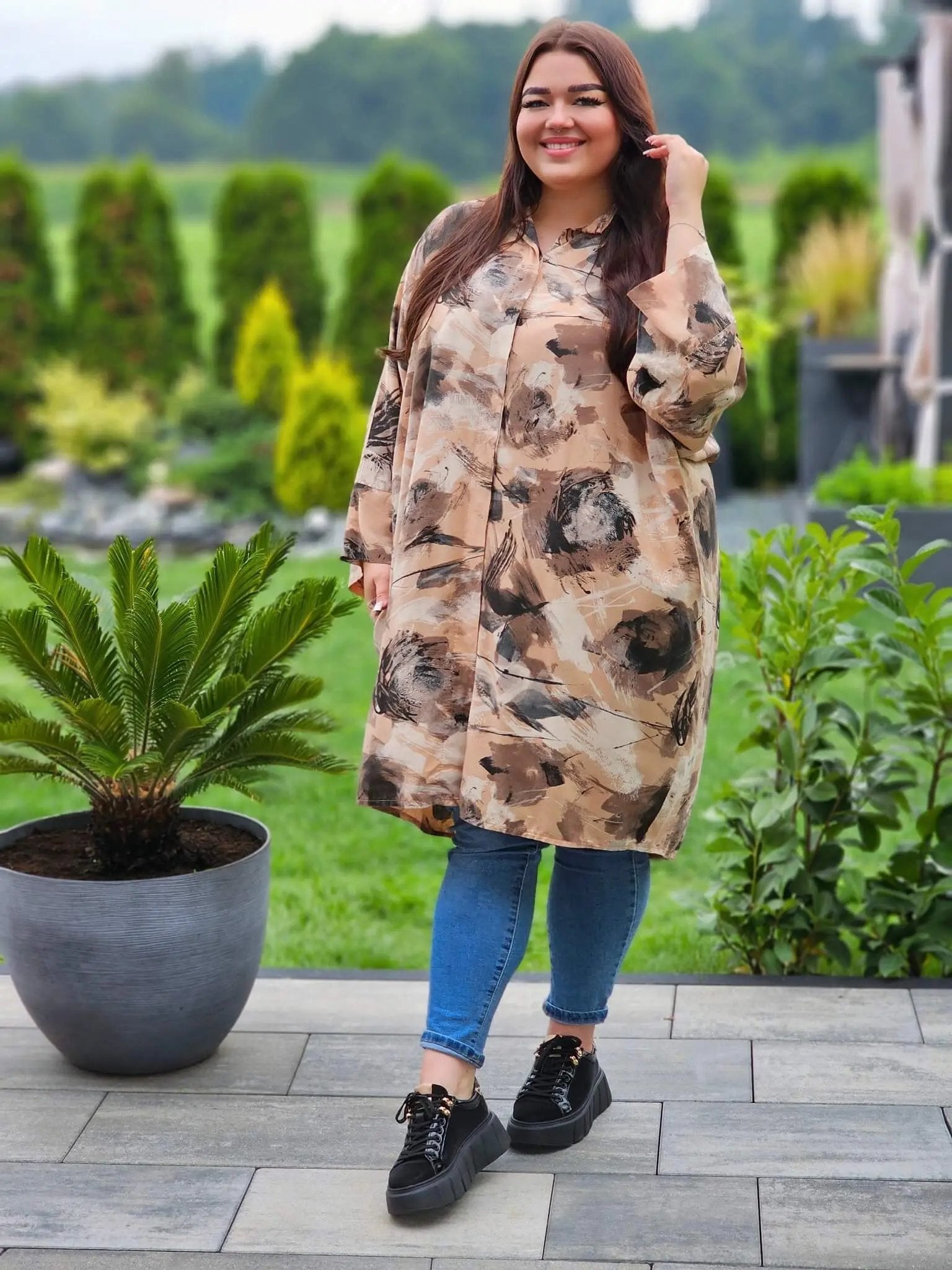 Koszulowa tunika z malarskim wzorem Stylowa XL