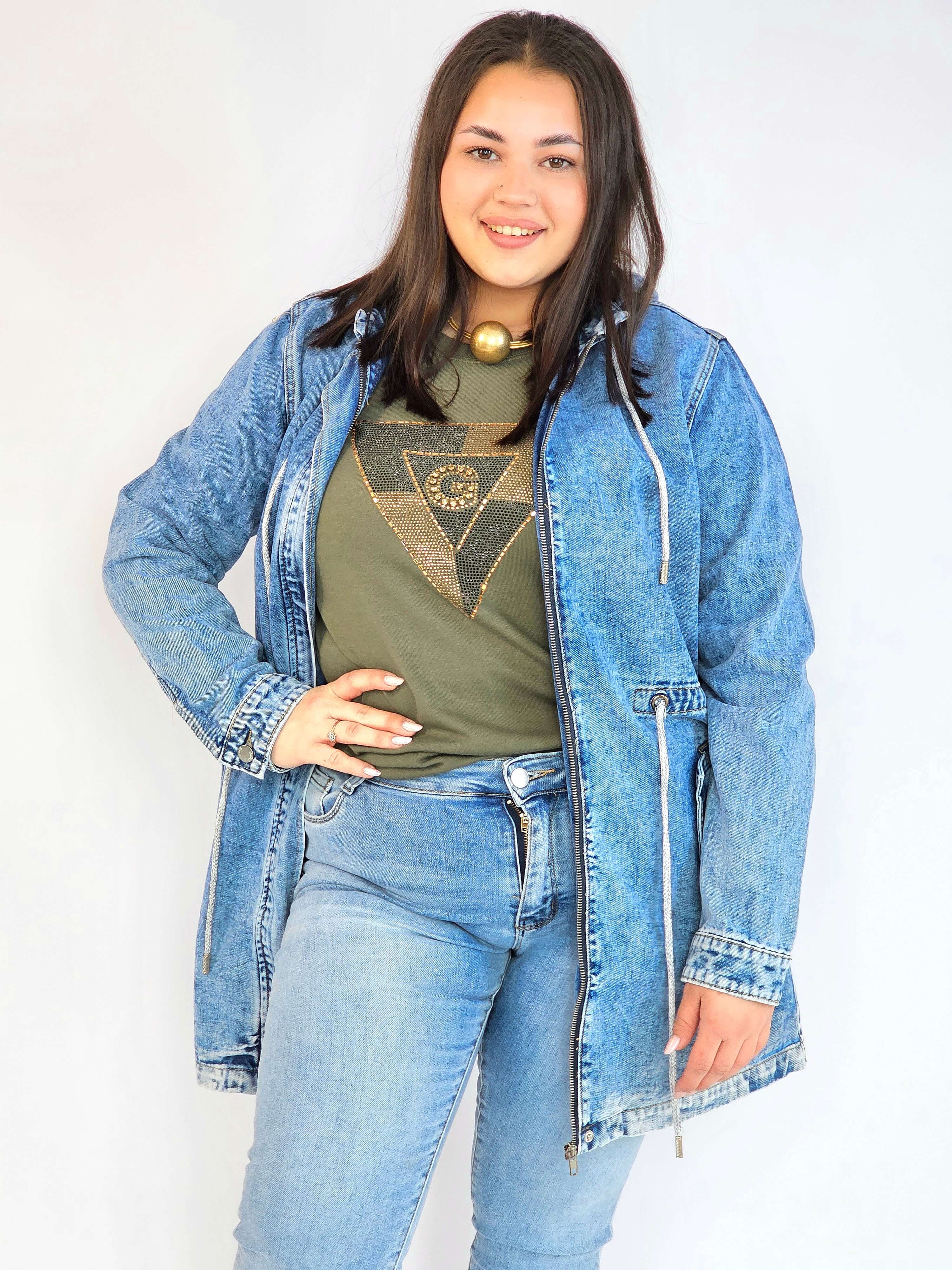 Kurtka jeansowa plus size – długa katana XXL z wiązaniem Stylowa XL