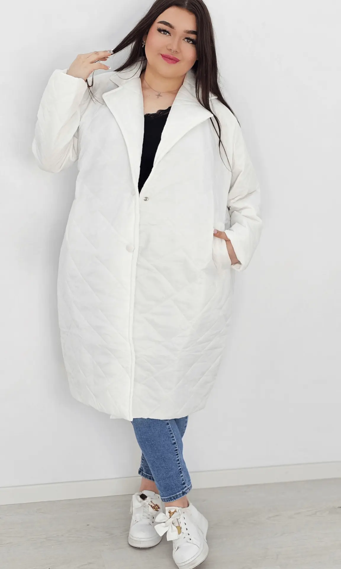 Kurtka pikowana przejściowa bez kaptura - biała Stylowa XL