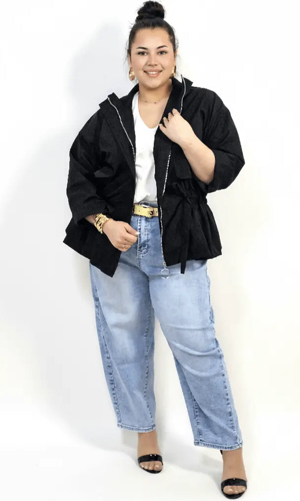 Kurtka plus size z kołnierzem, zamkiem i troczkami w talii Stylowa XL