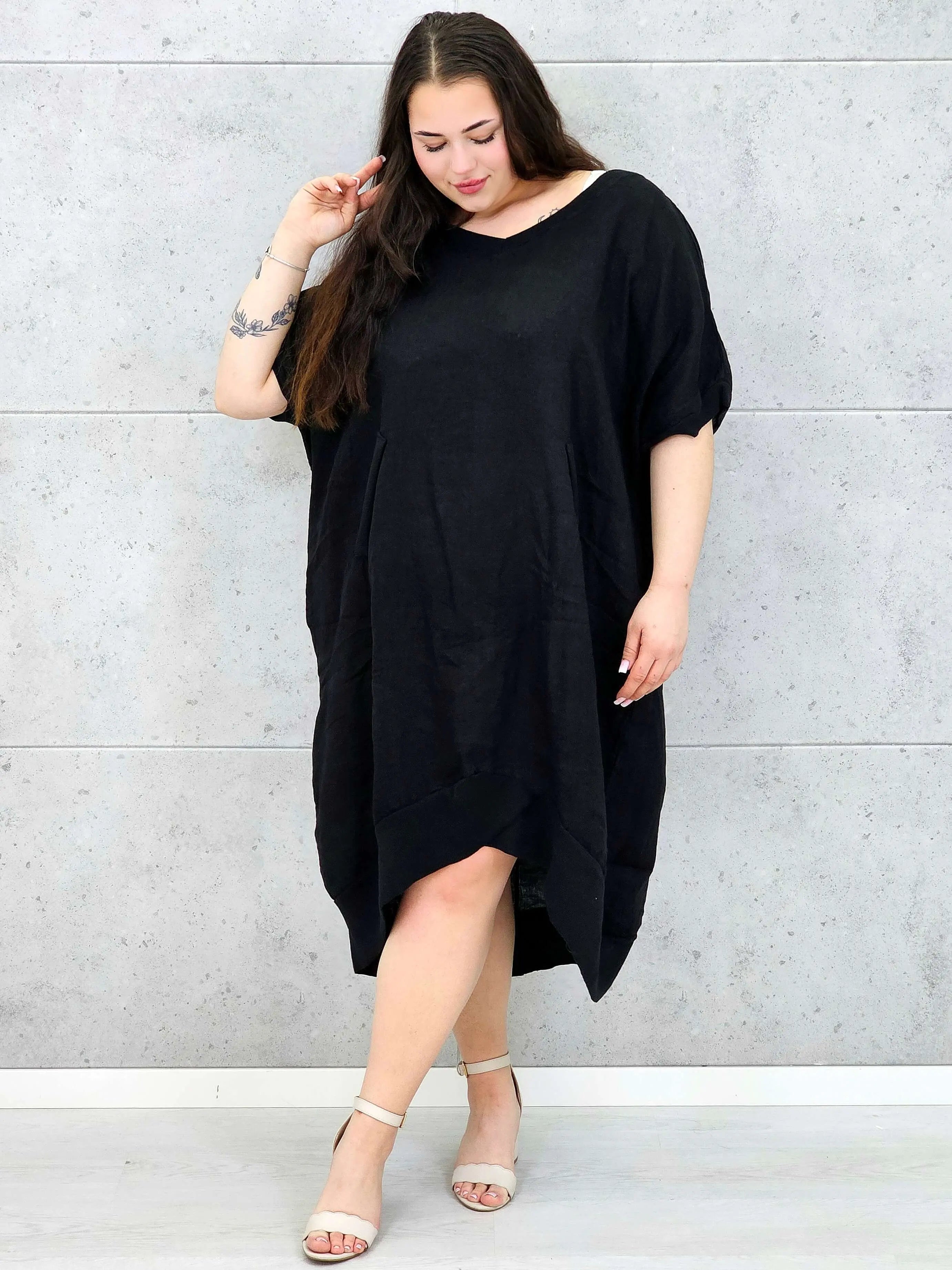 Lniana sukienka oversize midi z dekoltem V i kieszeniami Stylowa XL