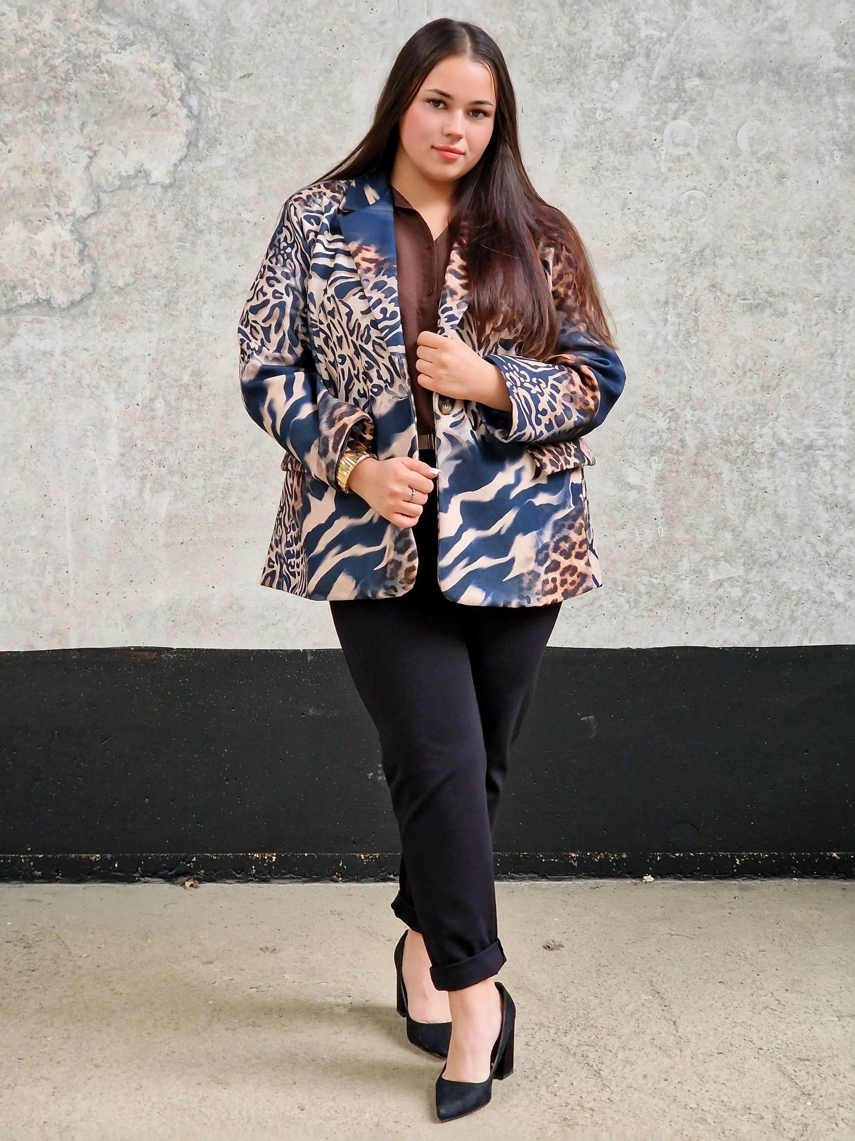 Marynarka damska w mieszany wzór zwierzęcy – unikalny design -GRANAT Stylowa XL