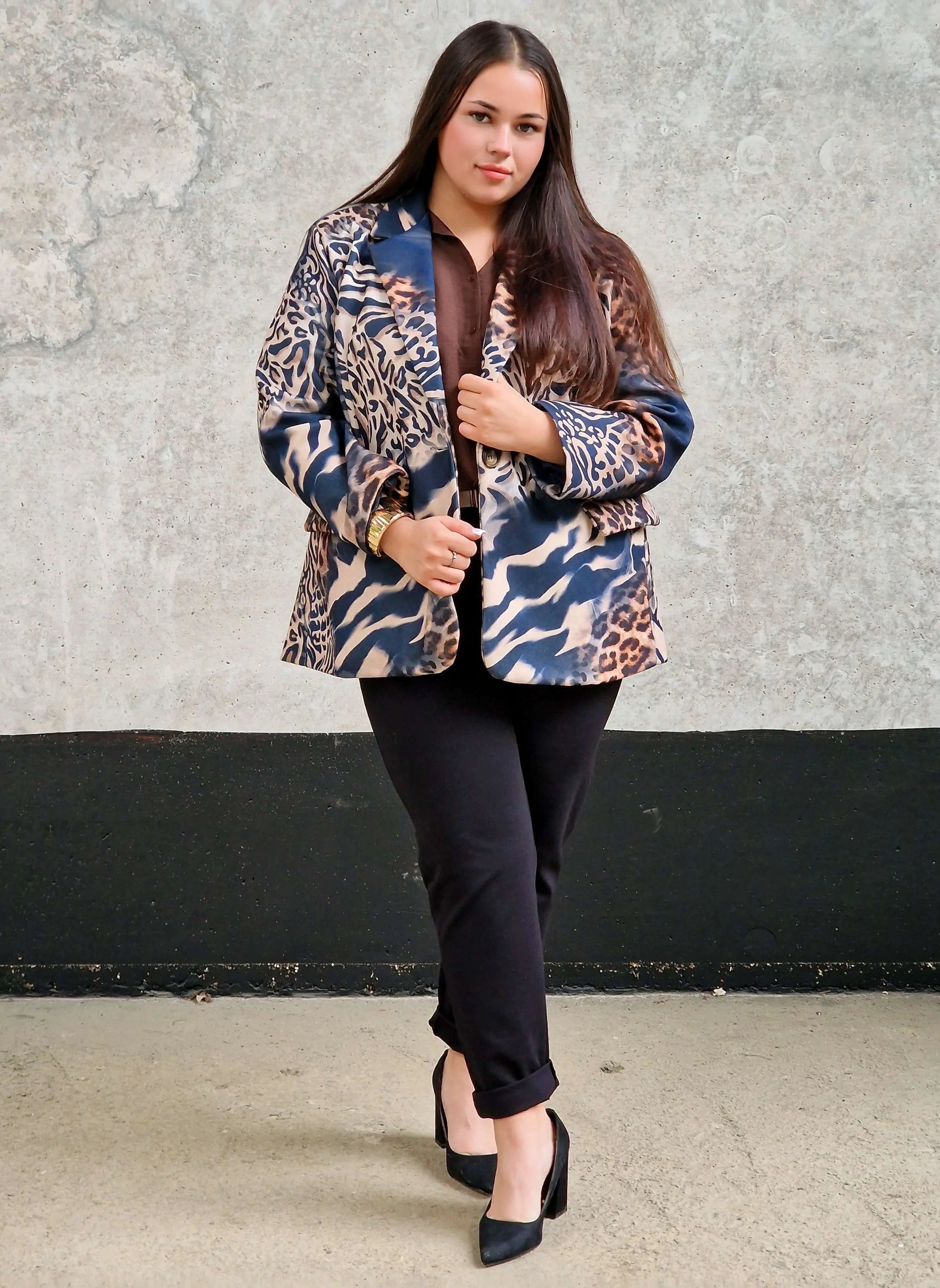 Marynarka damska w mieszany wzór zwierzęcy – unikalny design -GRANAT Stylowa XL