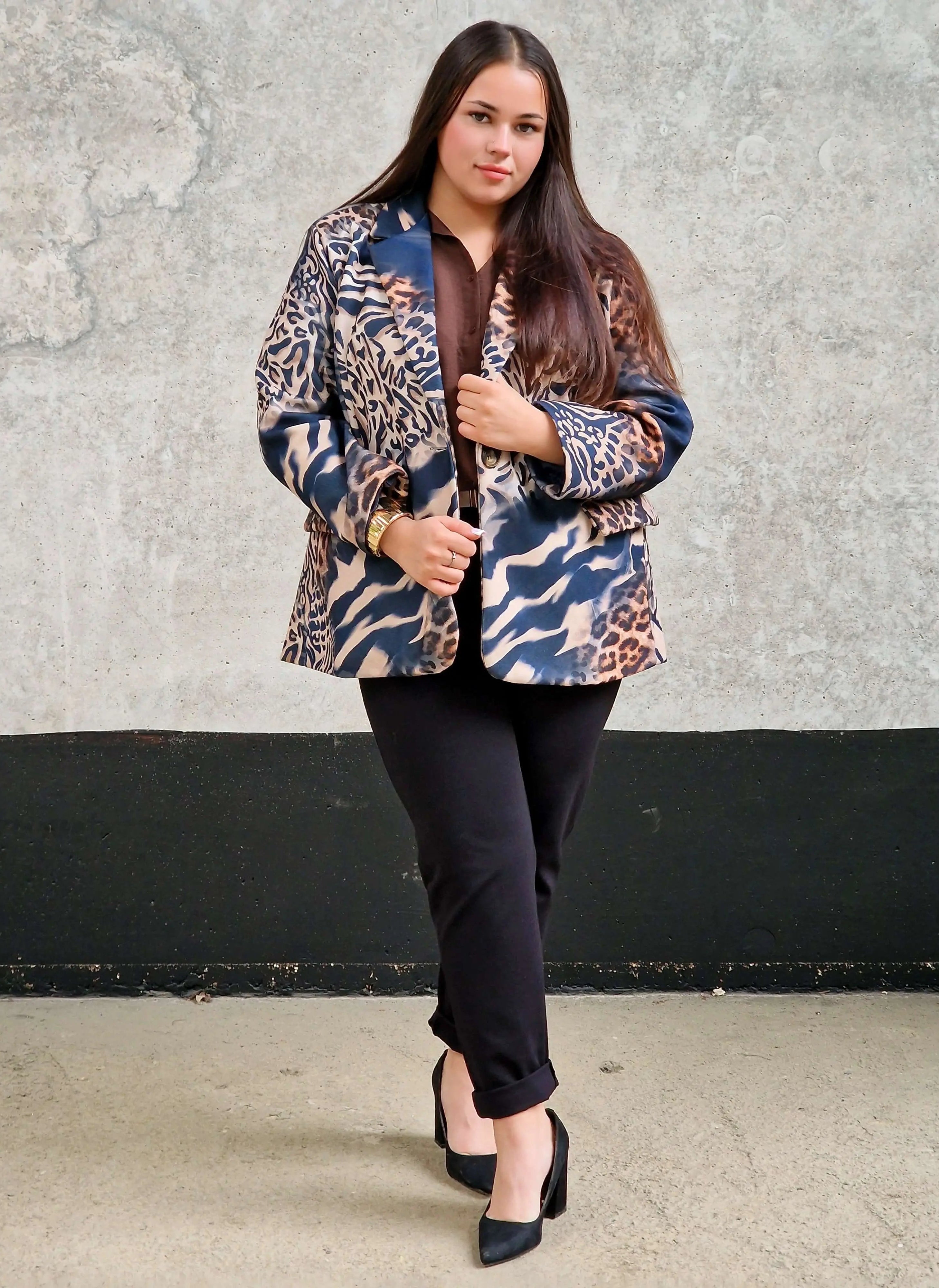 Marynarka damska w mieszany wzór zwierzęcy – unikalny design -GRANAT Stylowa XL