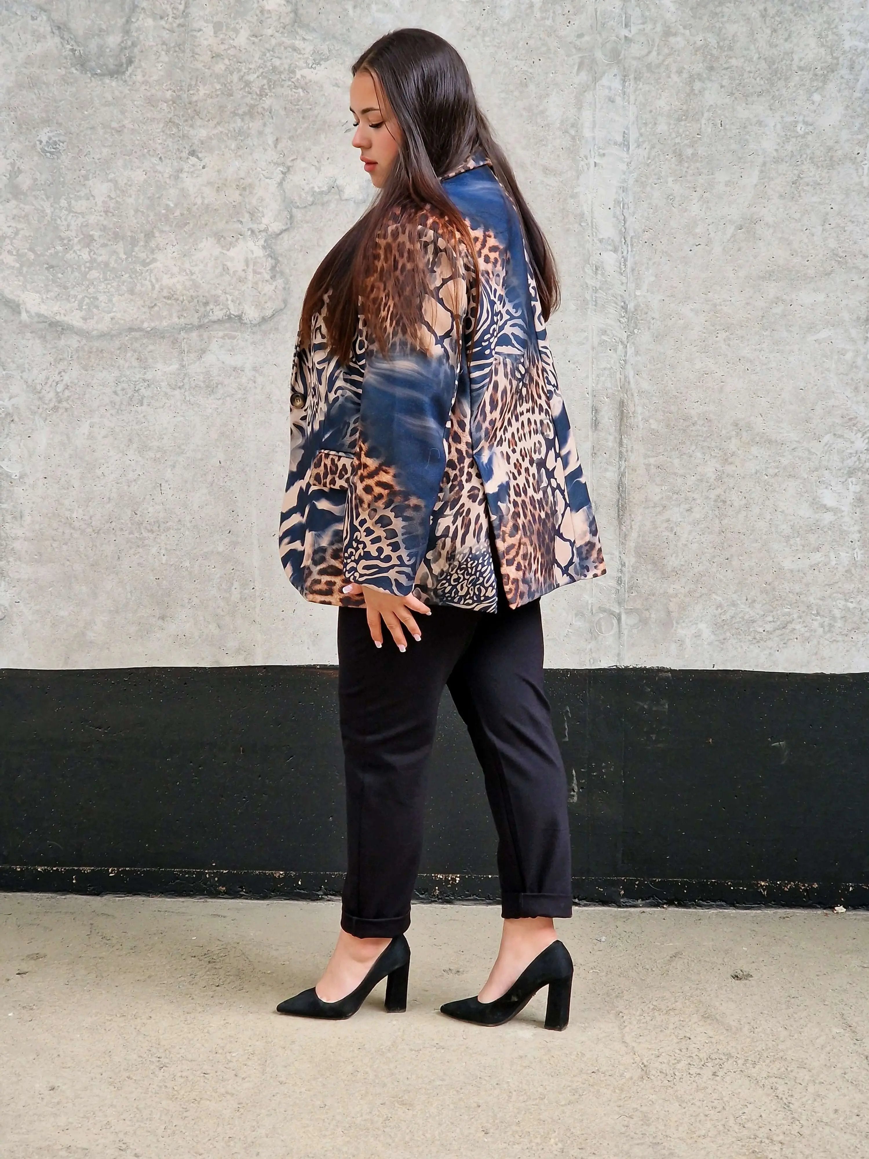 Marynarka damska w mieszany wzór zwierzęcy – unikalny design -GRANAT Stylowa XL